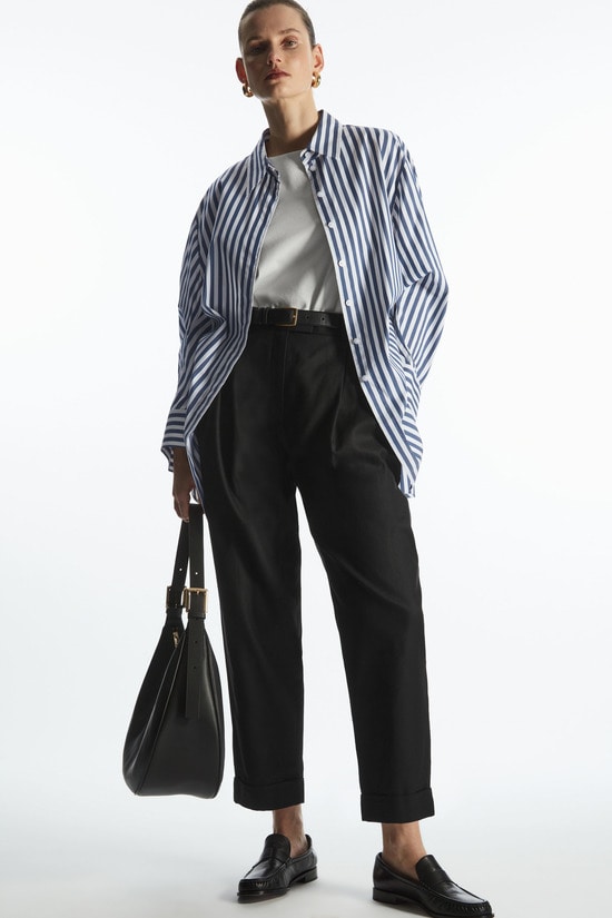 HIGH-WAISTED TAPERED TWILL TROUSERS