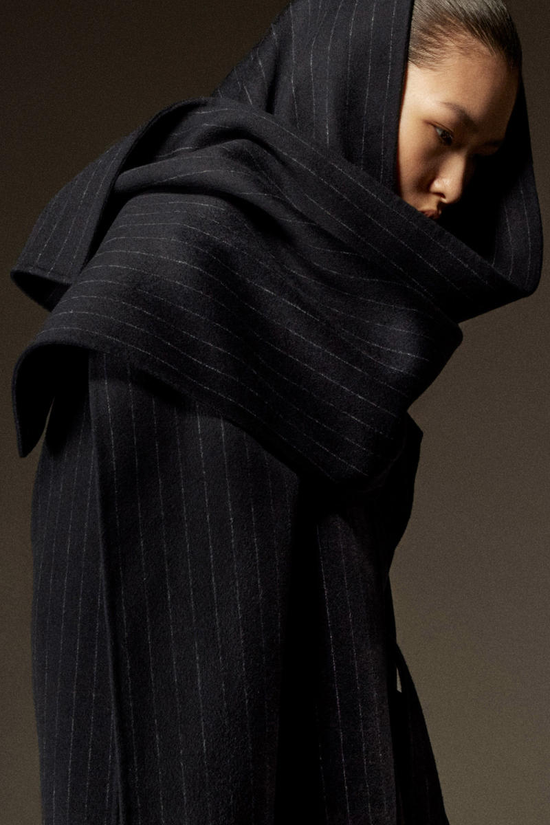 OVERSIZED PINSTRIPED WOOL SCARF COAT