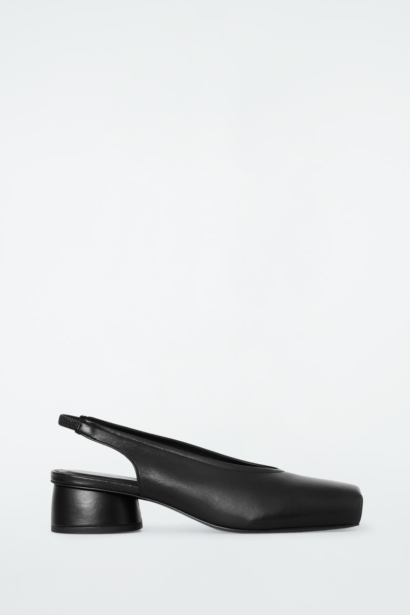 SQUARE-TOE LEATHER HEELED BALLET PUMPS