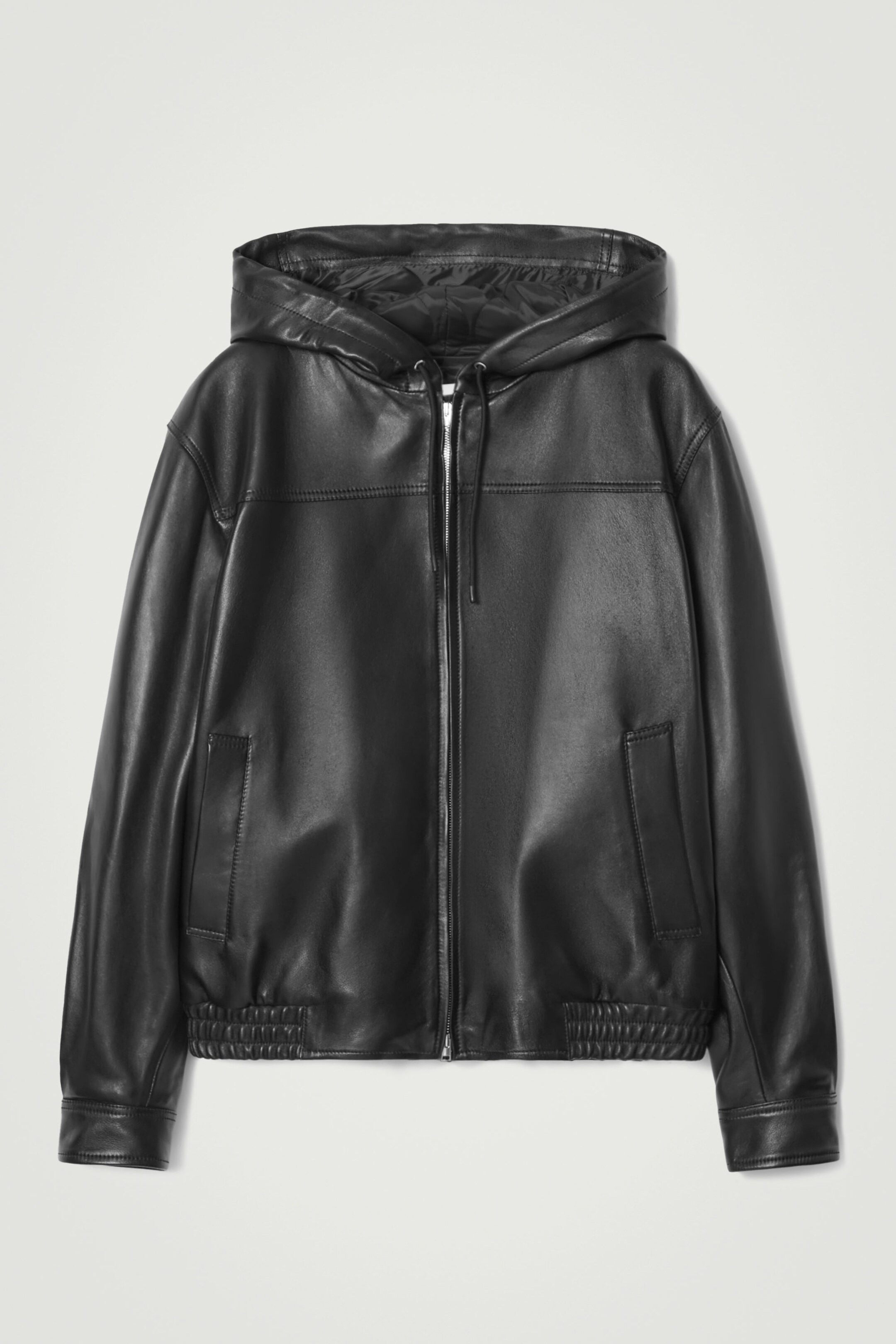 HOODED LEATHER BOMBER JACKET