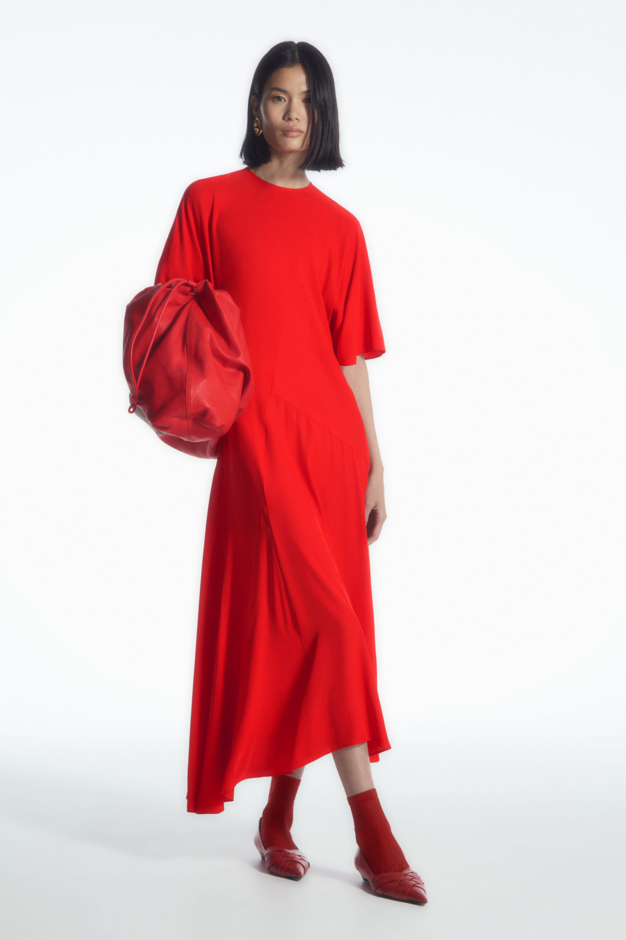 ASYMMETRIC DRAPED MIDI DRESS