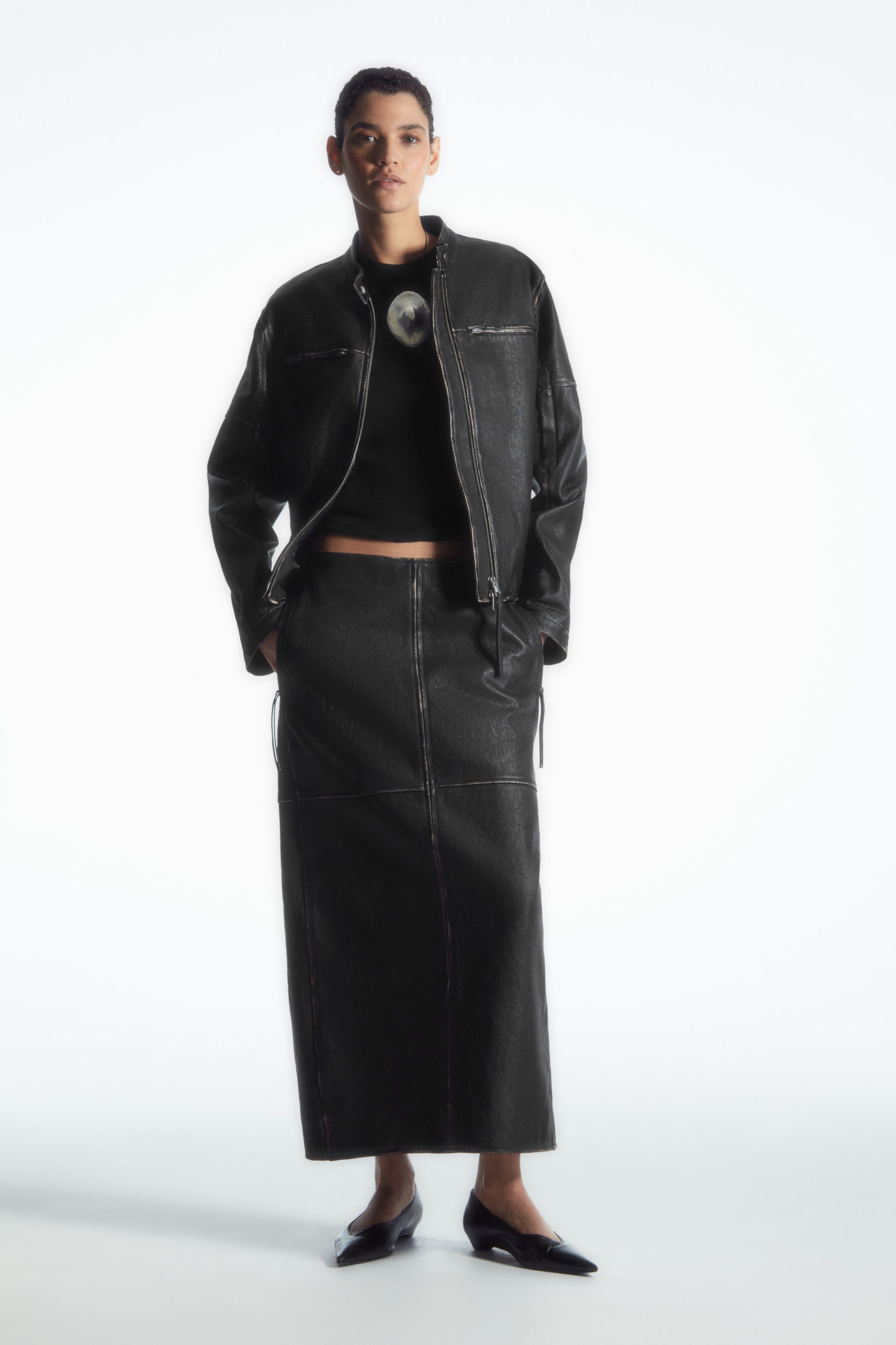 PANELLED LEATHER RACER MIDI SKIRT