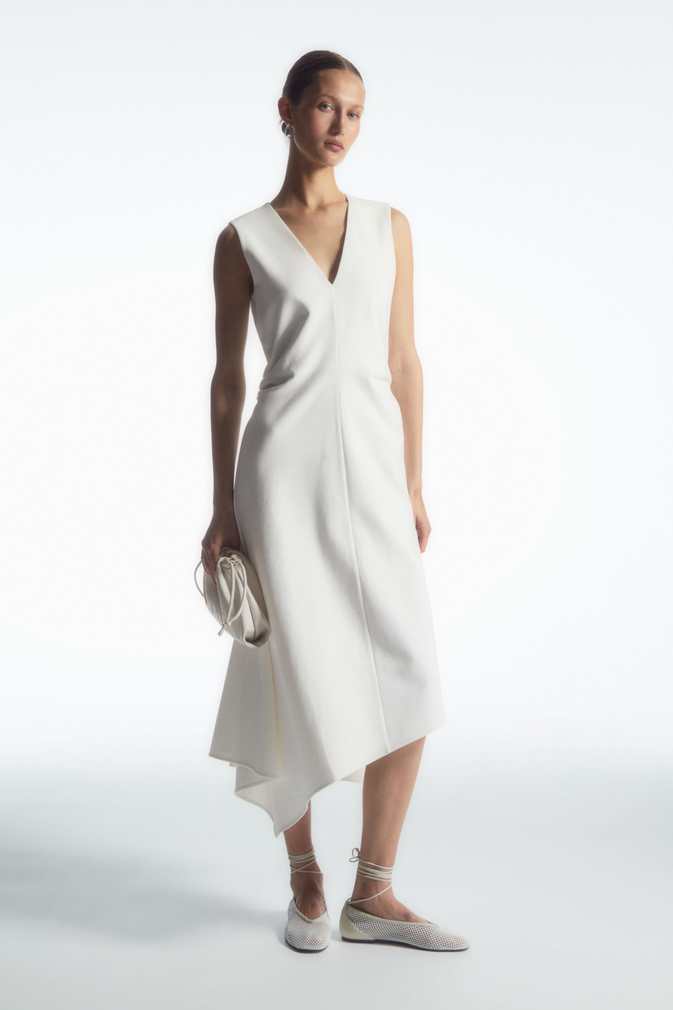 GATHERED ASYMMETRIC MIDI DRESS