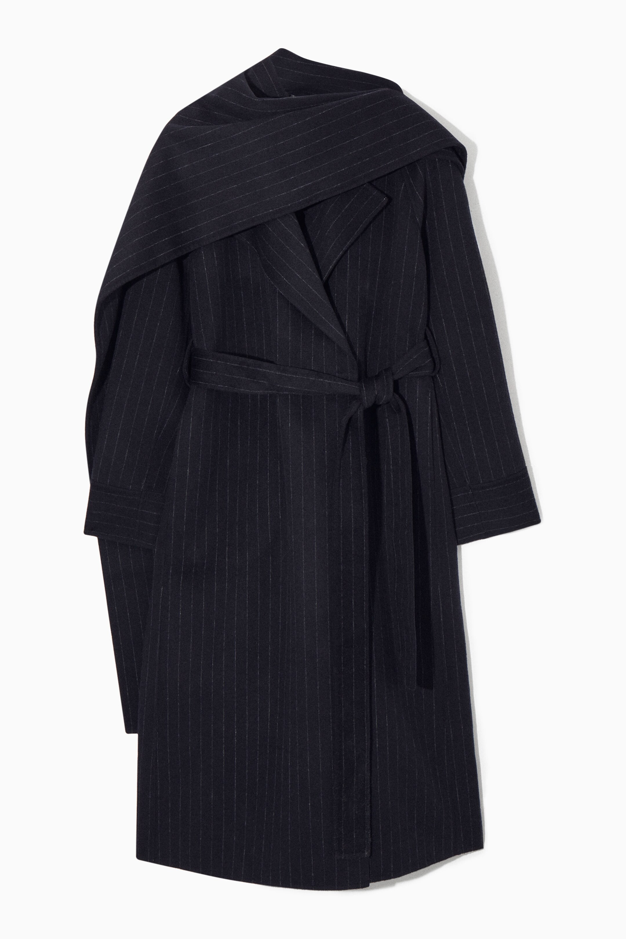 OVERSIZED PINSTRIPED WOOL SCARF COAT