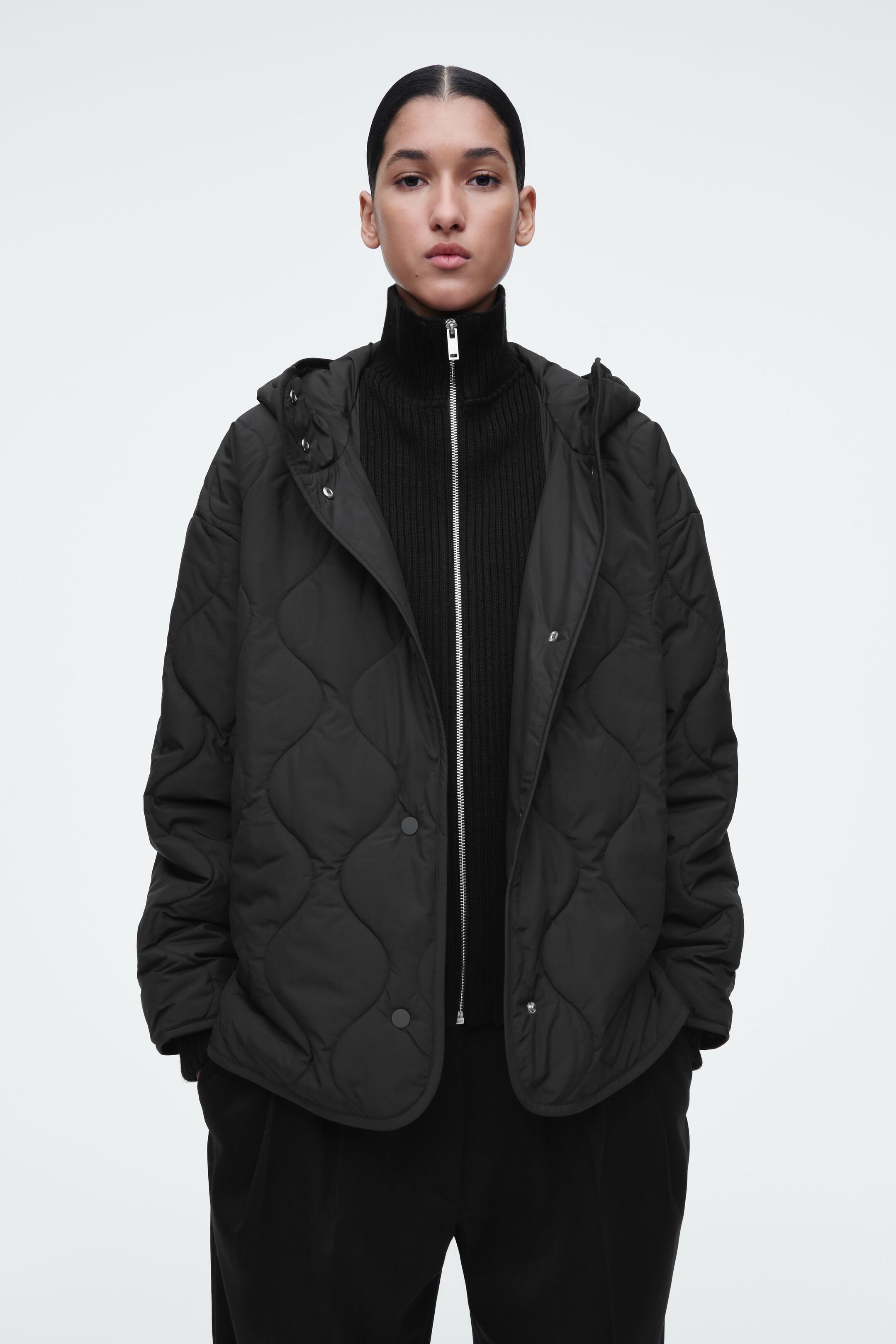 QUILTED HOODED FUNNEL-NECK JACKET