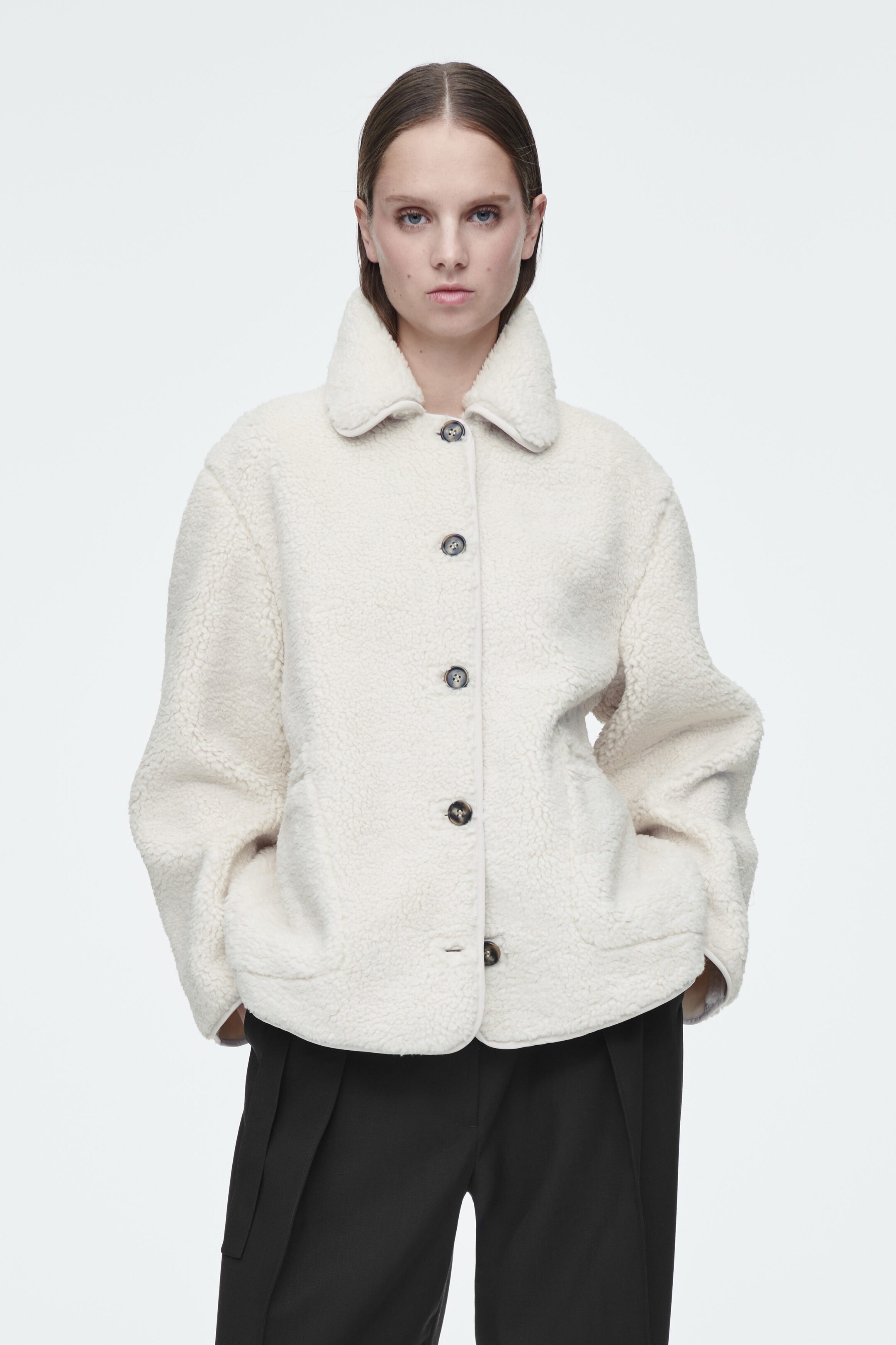 COLLARED FAUX SHEARLING JACKET