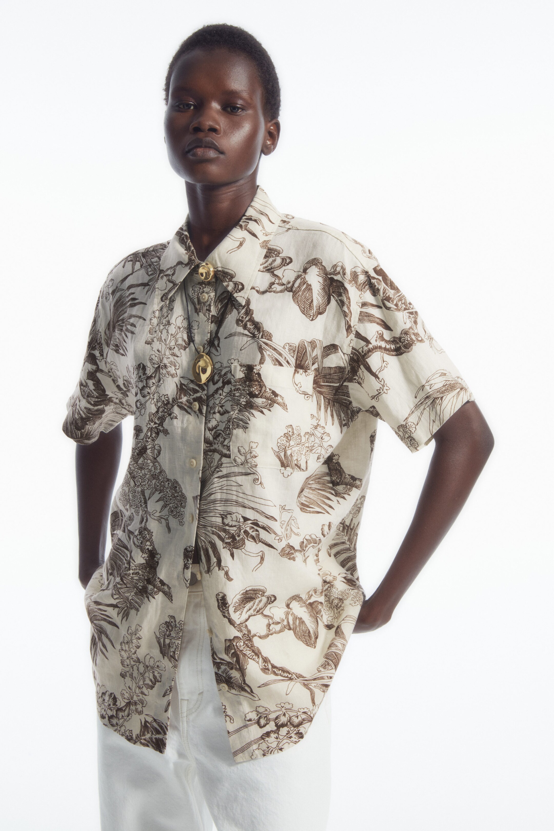 BOTANICAL-PRINT SHORT-SLEEVED LINEN SHIRT