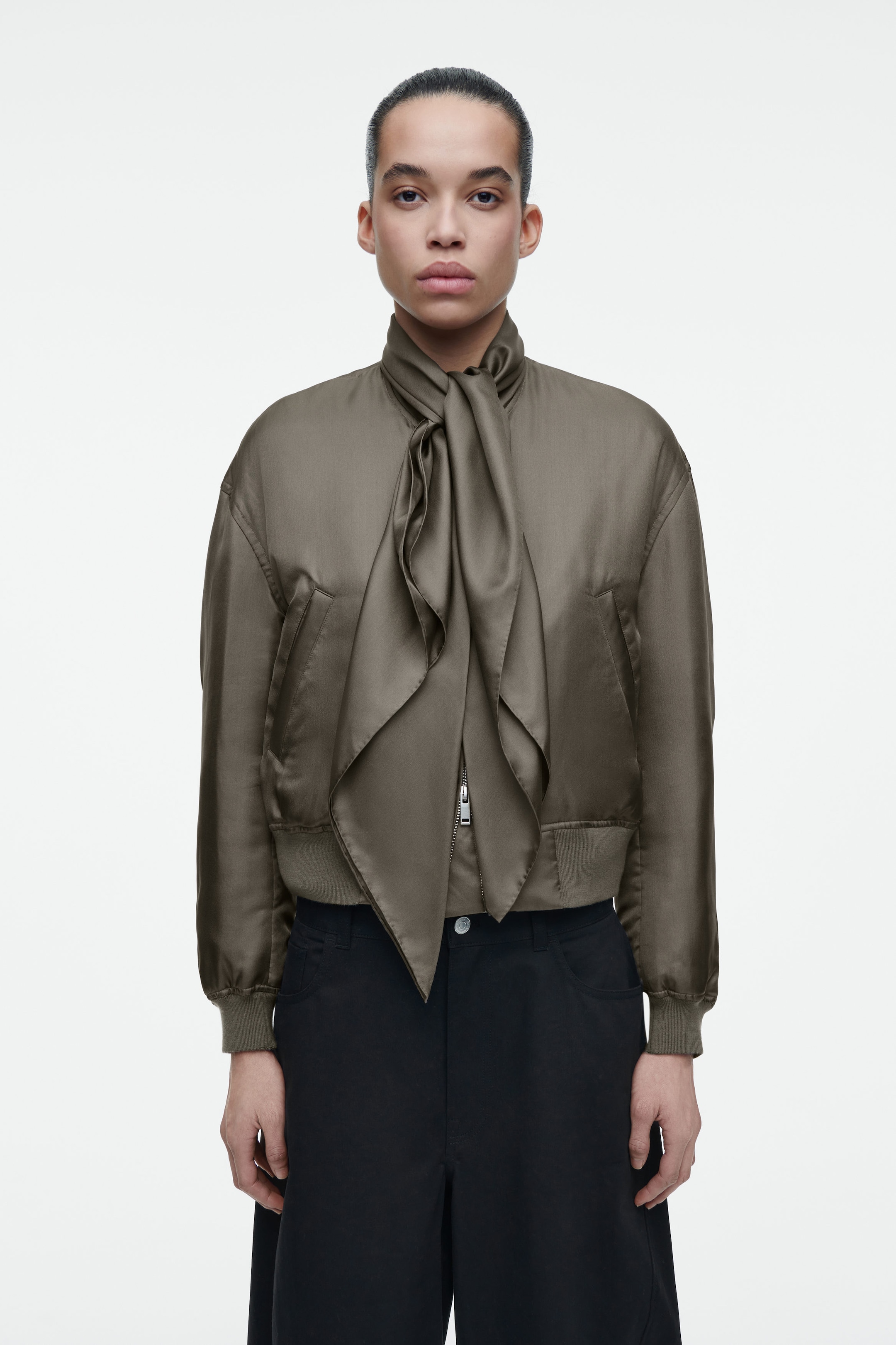 SCARF-DETAIL PADDED SILK BOMBER JACKET