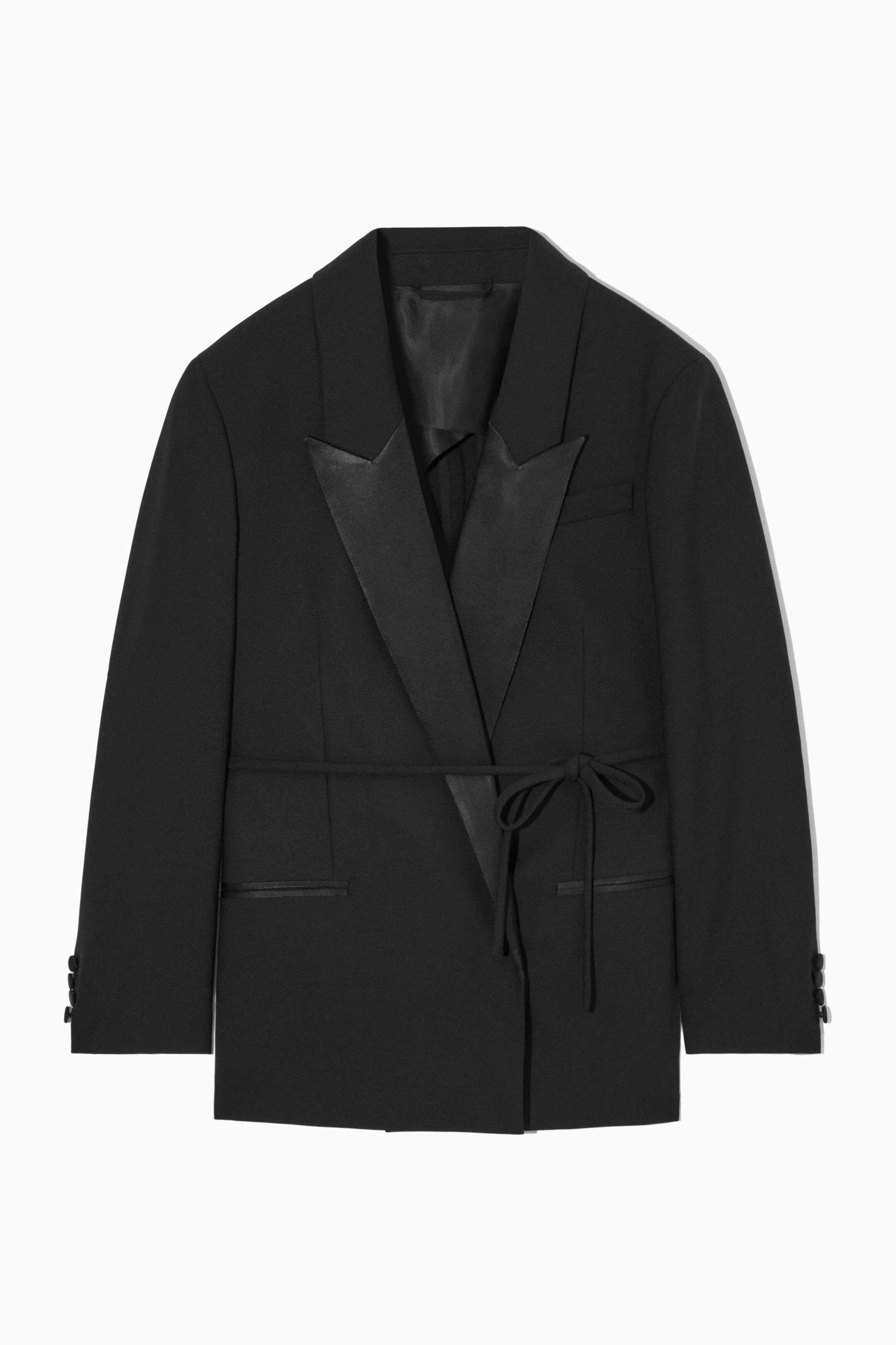 RELAXED BELTED SATIN-LAPEL TUXEDO BLAZER