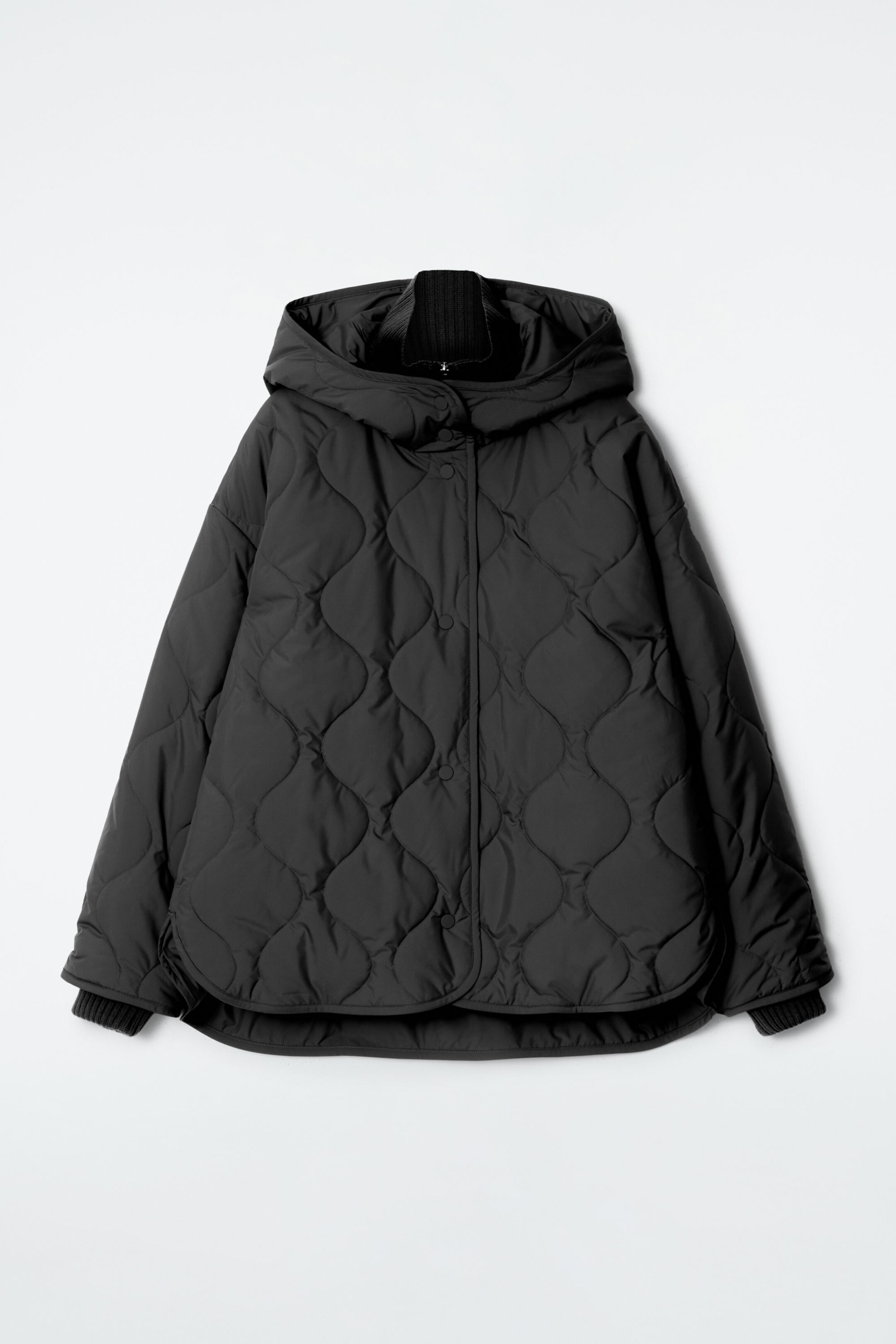 QUILTED HOODED FUNNEL-NECK JACKET