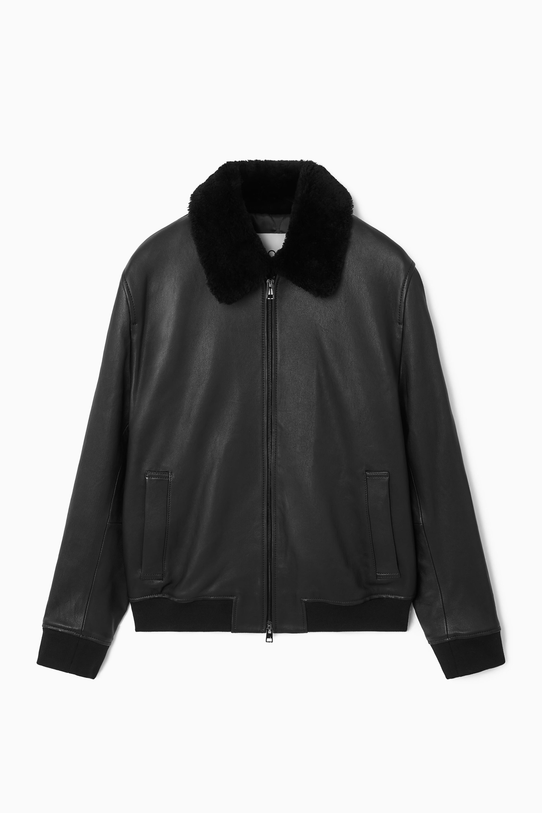 VESTE BOMBER EN CUIR BORDÉE DE PEAU LAINÉE