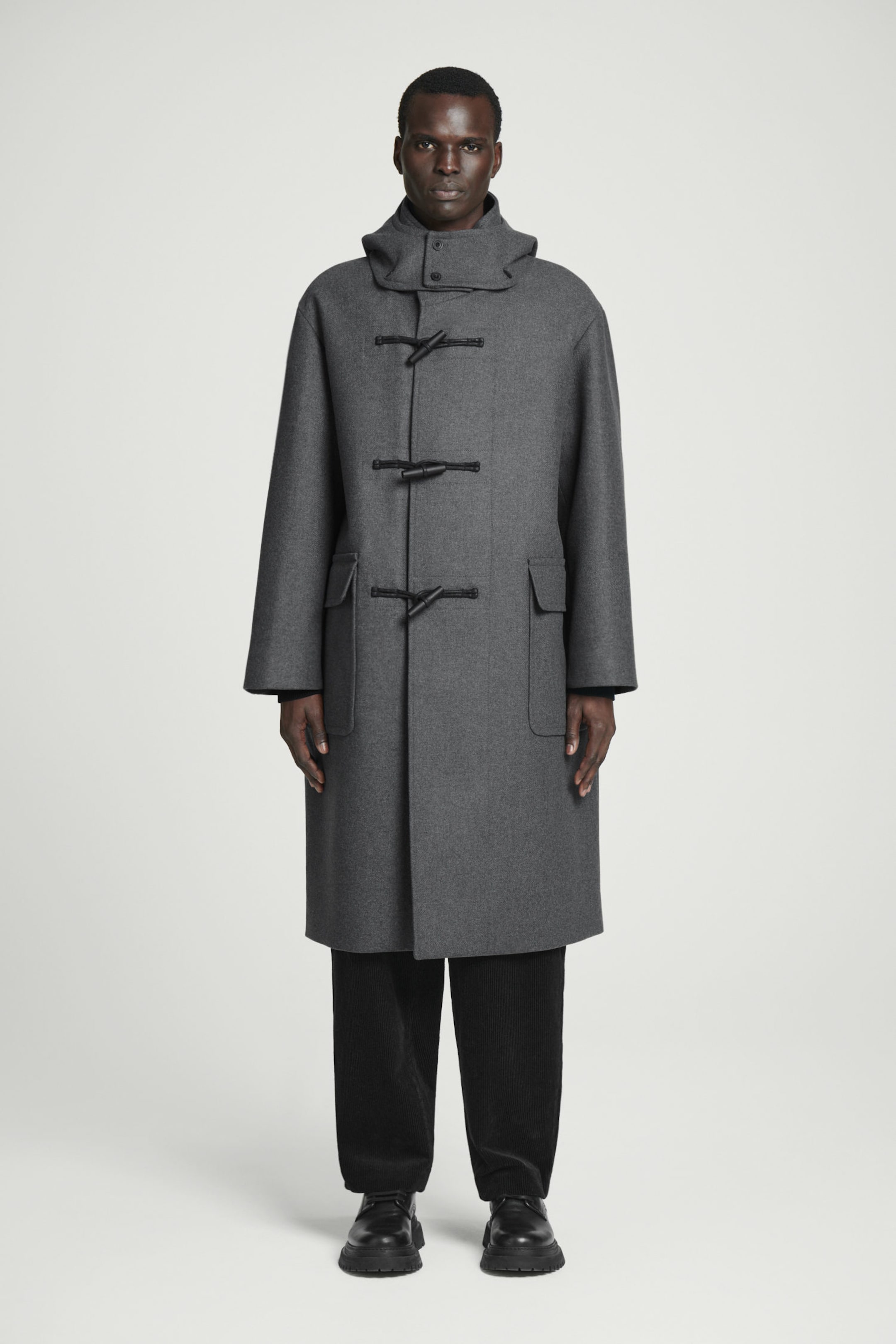 HOODED WOOL DUFFLE COAT DARK GREY