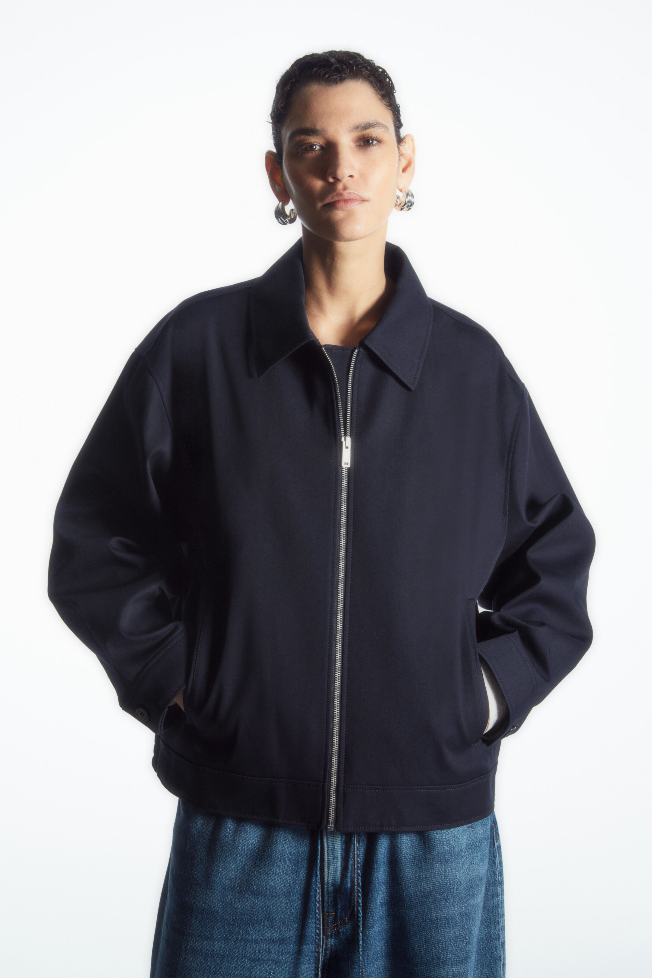 COLLARED COTTON JACKET - NAVY