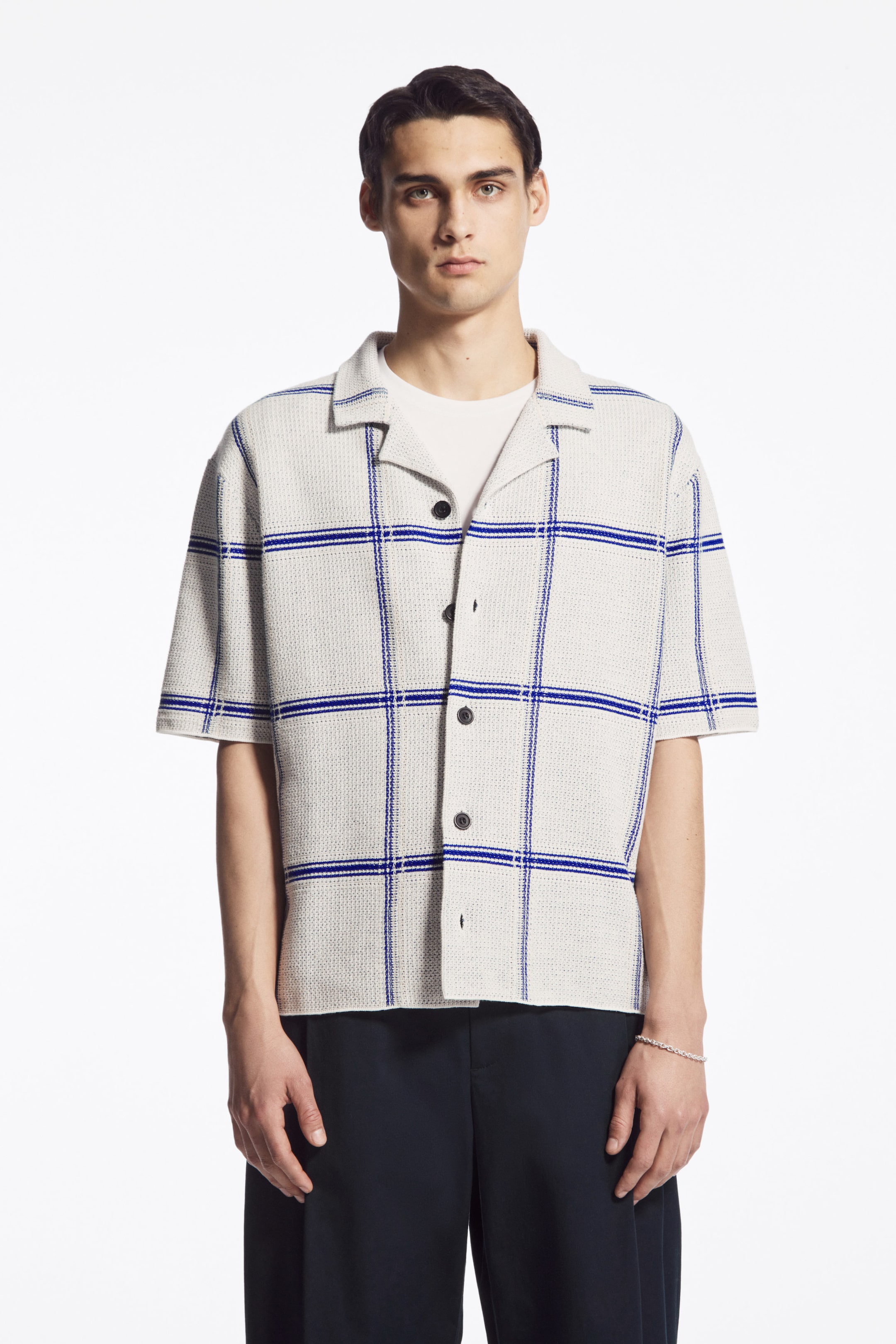 RELAXED CHECKED KNITTED HEMP SHORT-SLEEVED SHIRT