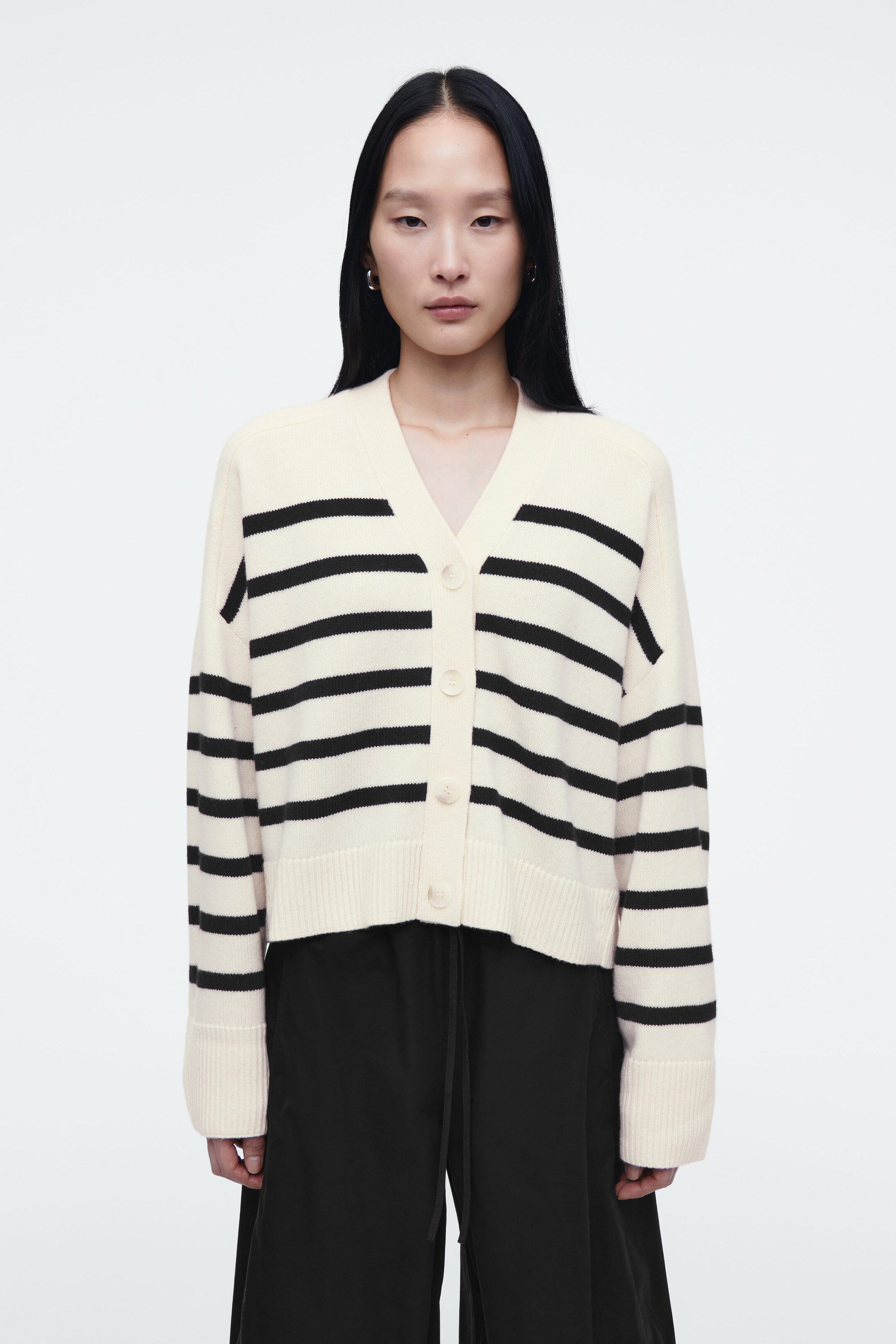 STRIPED MERINO WOOL V-NECK CARDIGAN