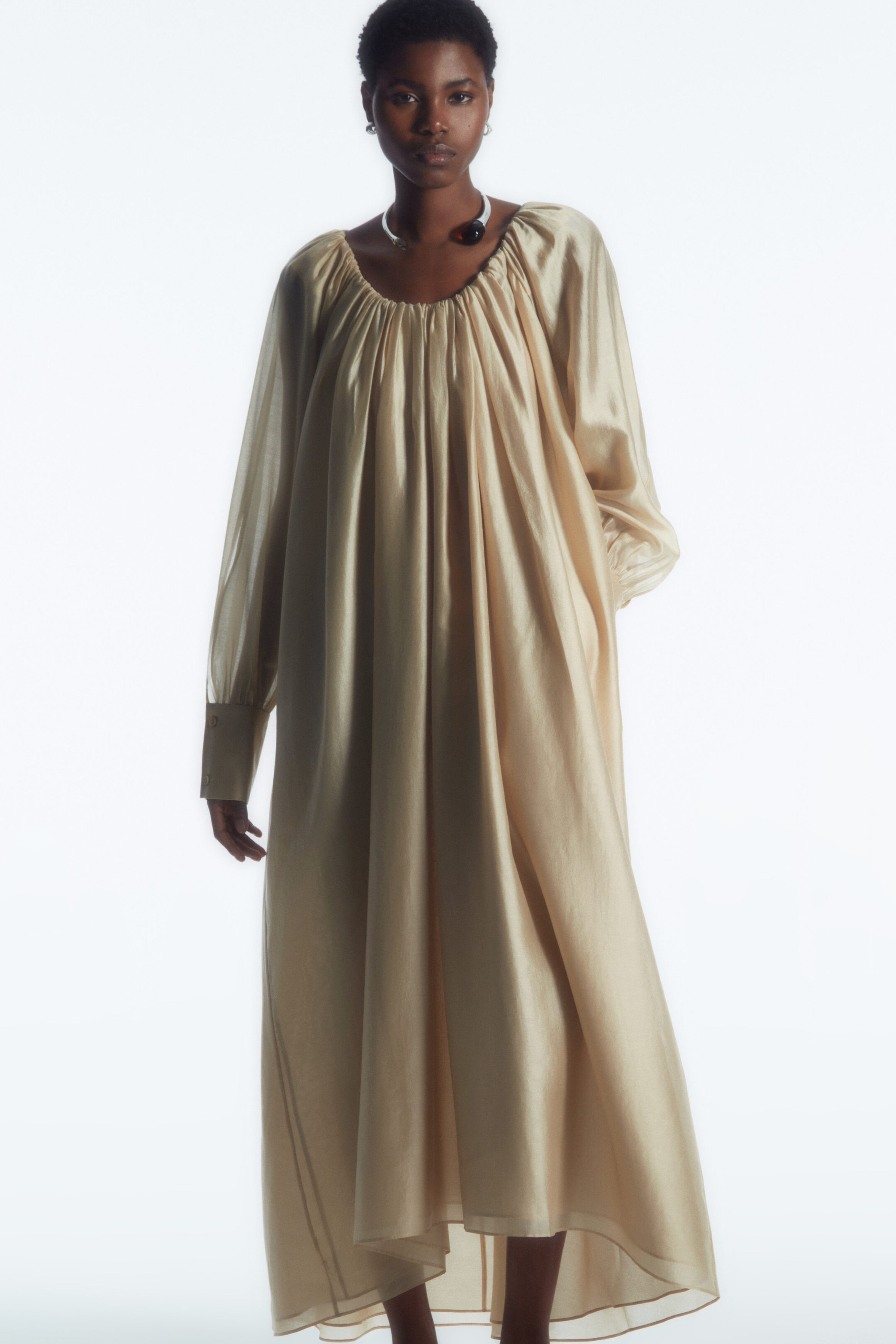 PLEATED LONG-SLEEVED MAXI DRESS