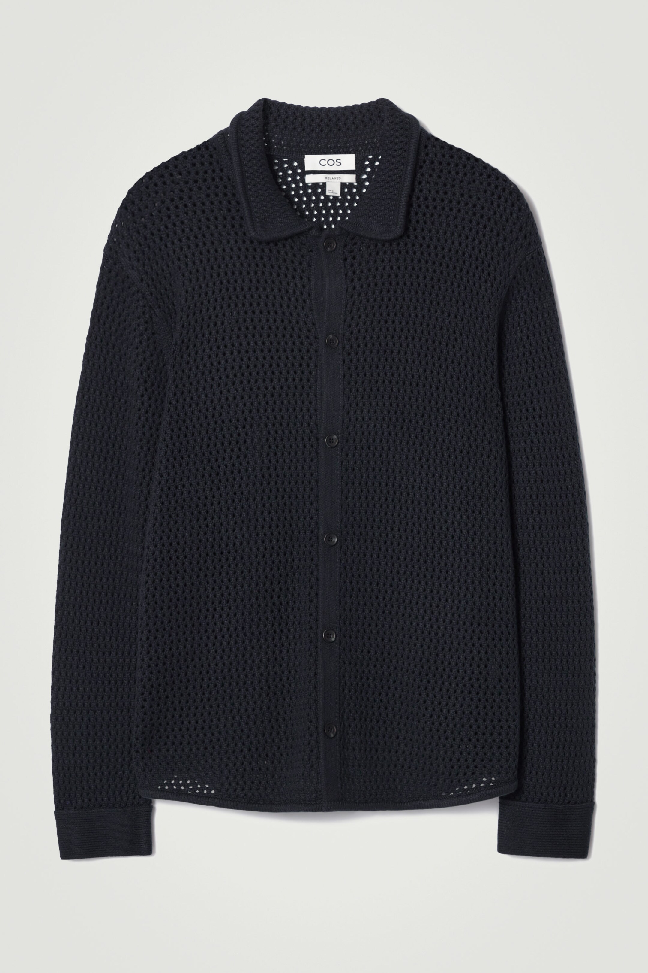 COLLARED OPEN KNIT WOOL CARDIGAN NAVY