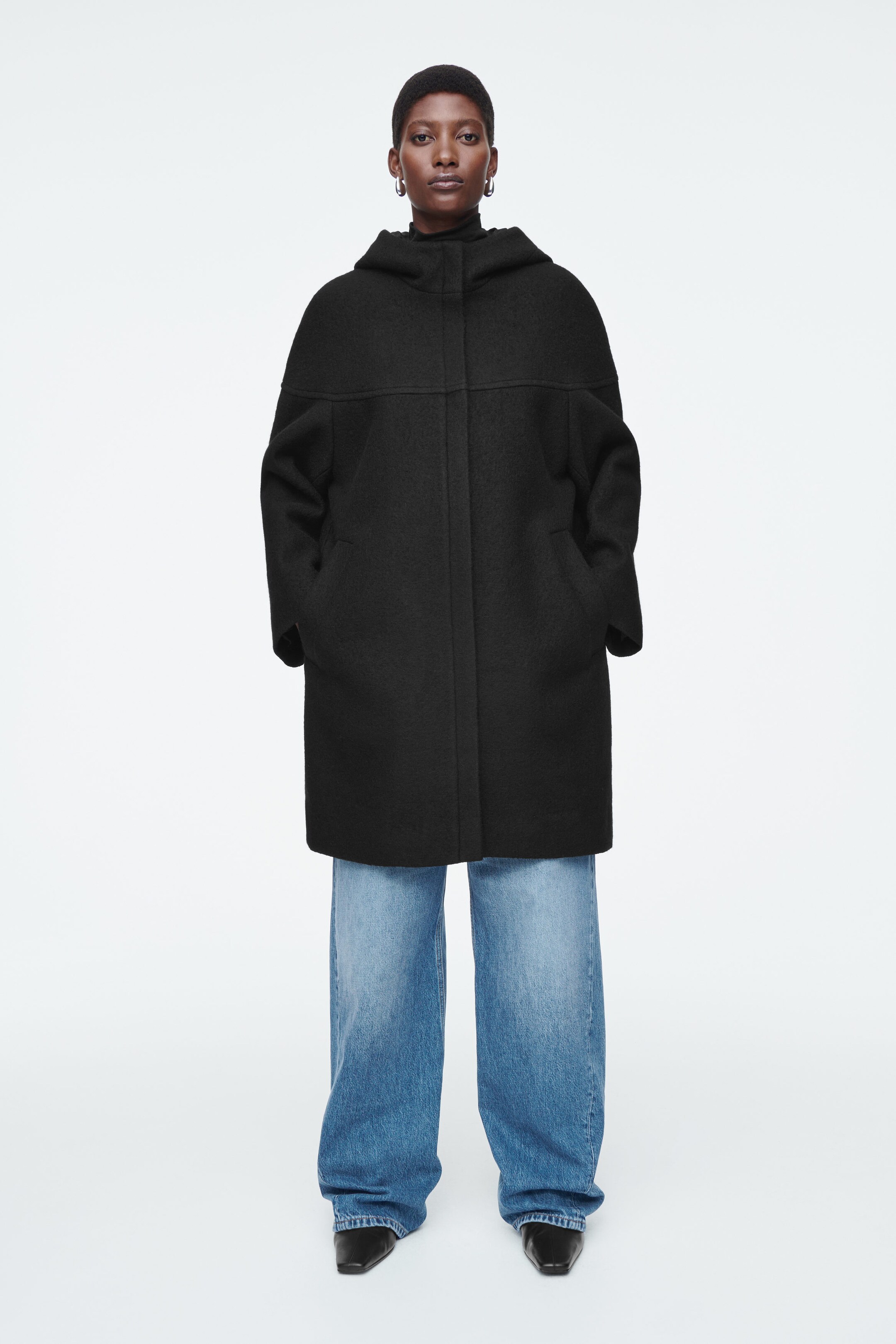 HOODED BOILED-WOOL COAT