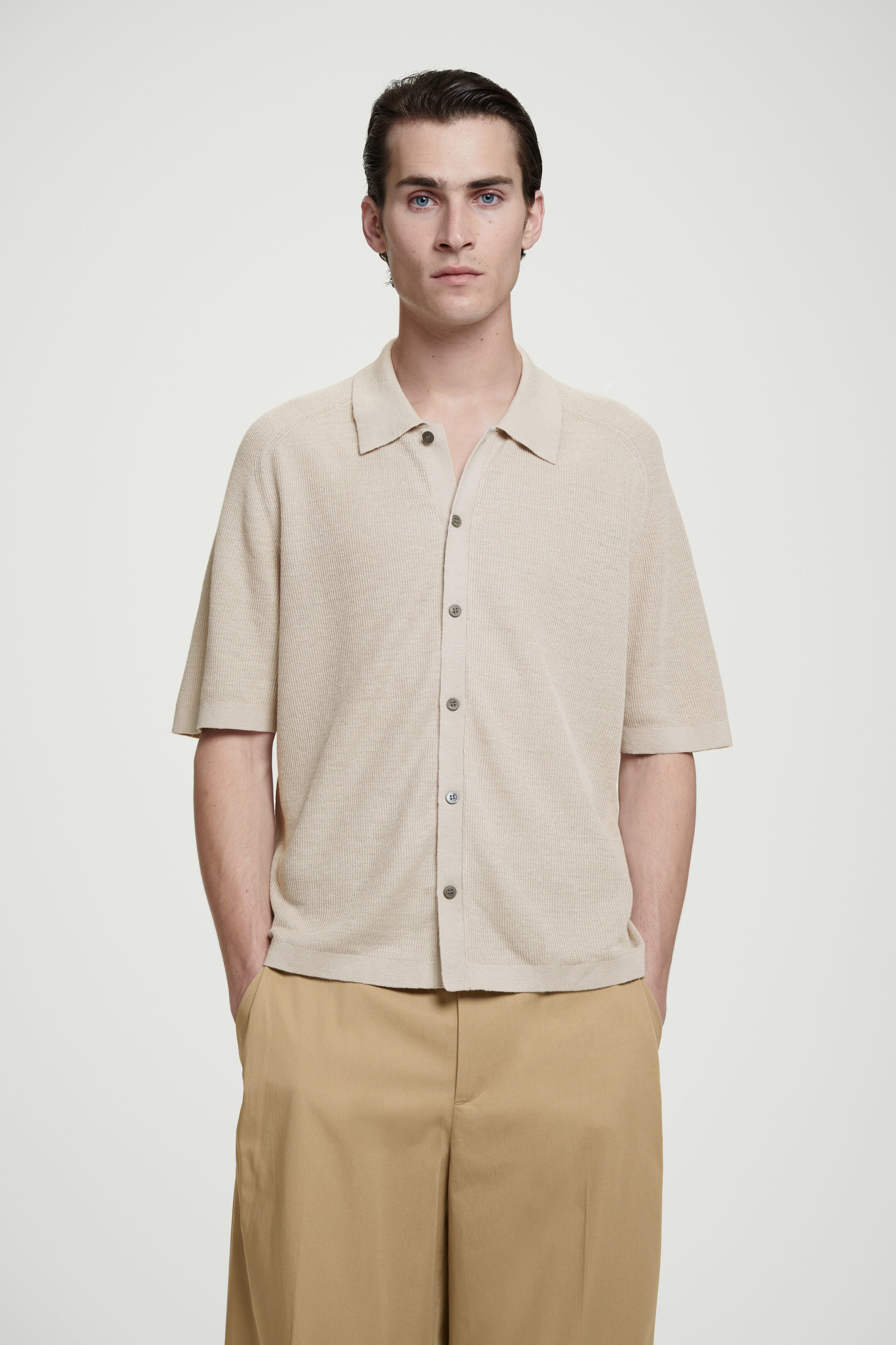 RELAXED RIBBED-KNIT LINEN SHIRT