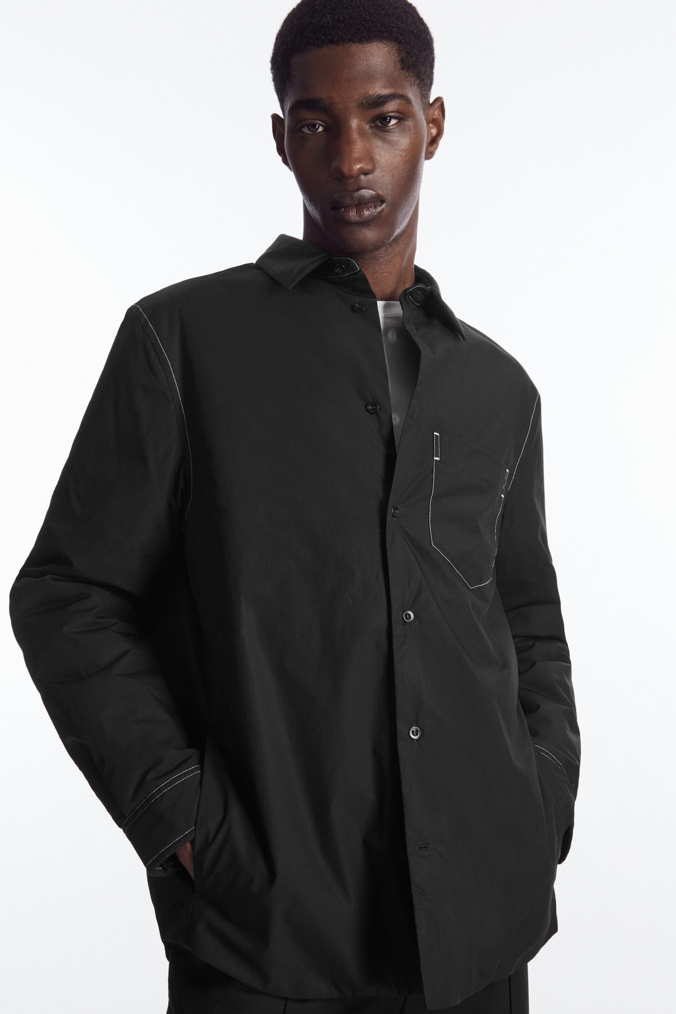 RELAXED CONTRAST-STITCH COTTON PADDED OVERSHIRT