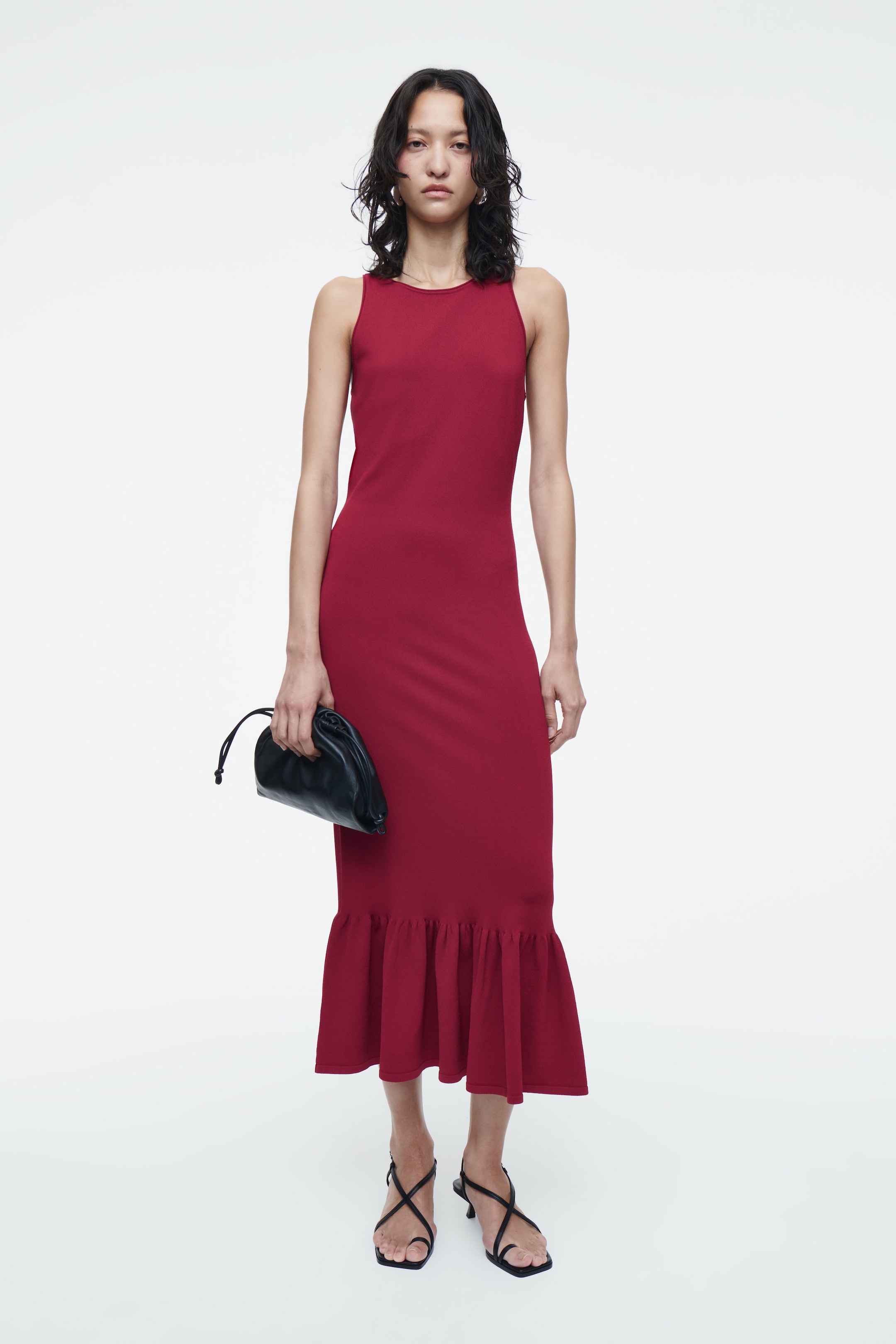 KNITTED RUFFLED-HEM MIDI DRESS