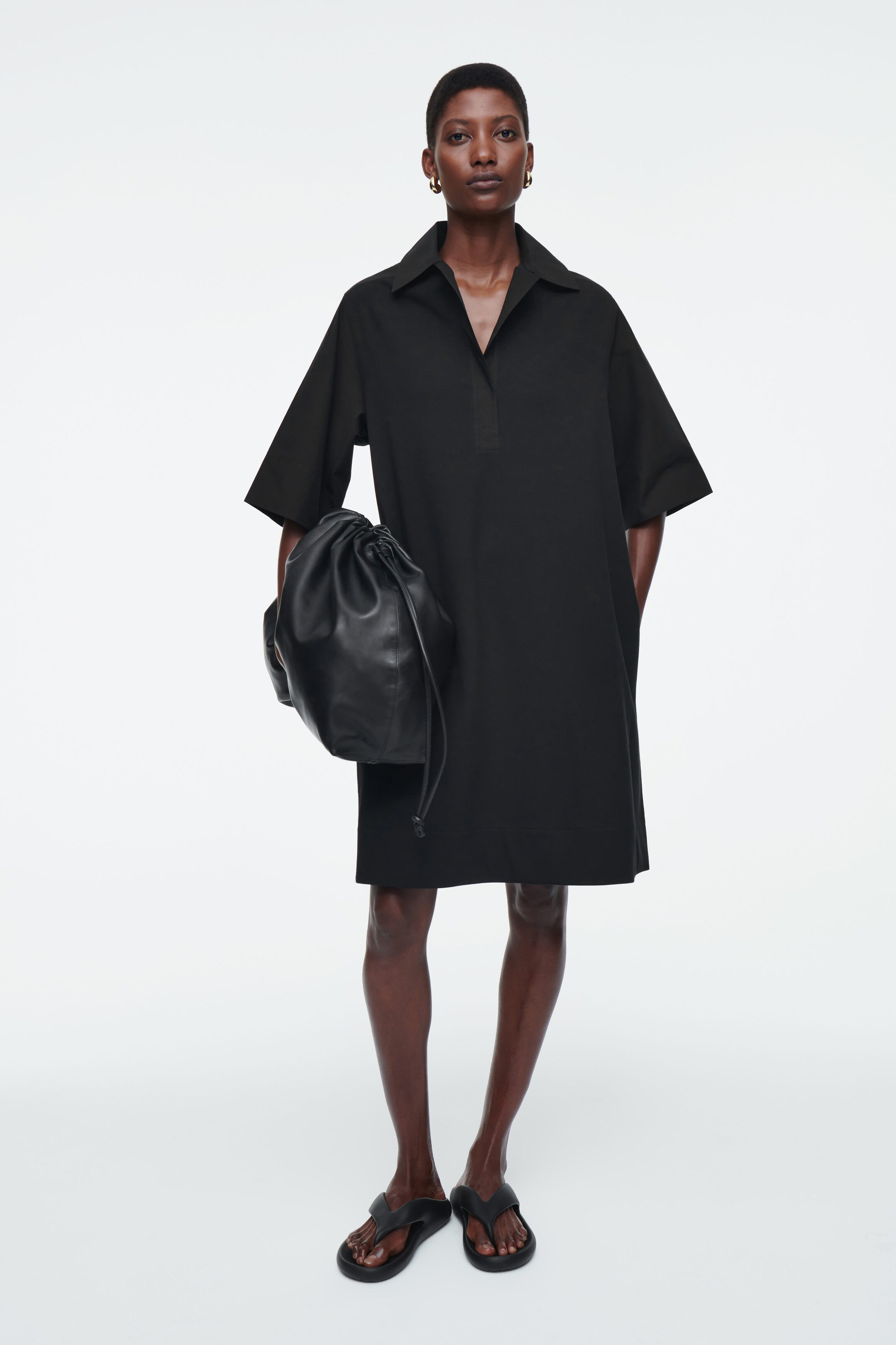 OVERSIZED OPEN-COLLAR SHIRT DRESS - BLACK