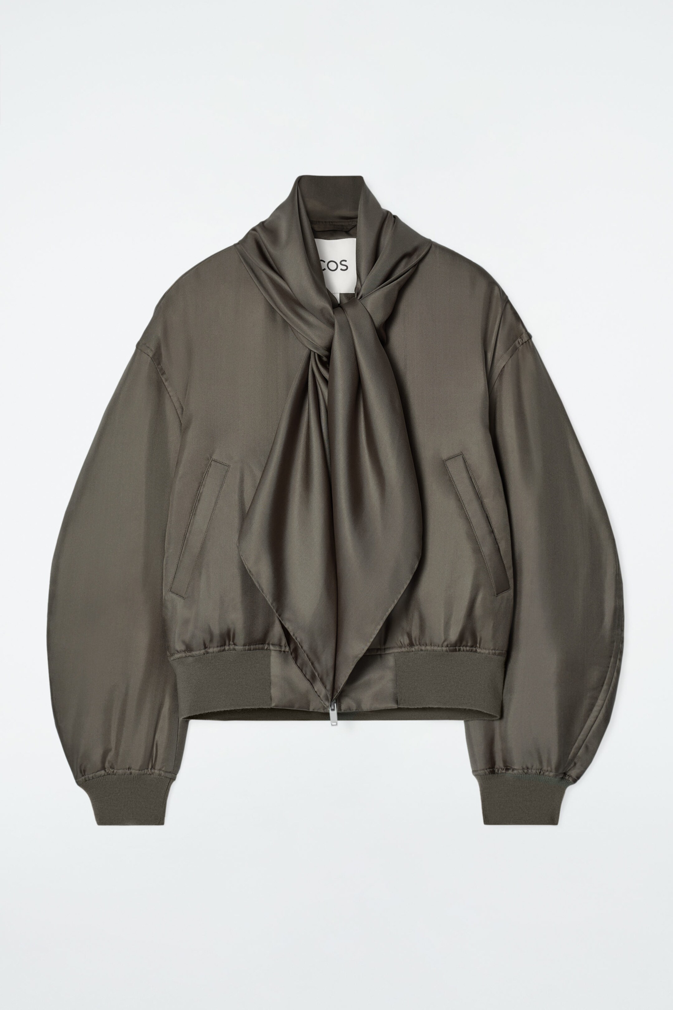 SCARF-DETAIL PADDED SILK BOMBER JACKET