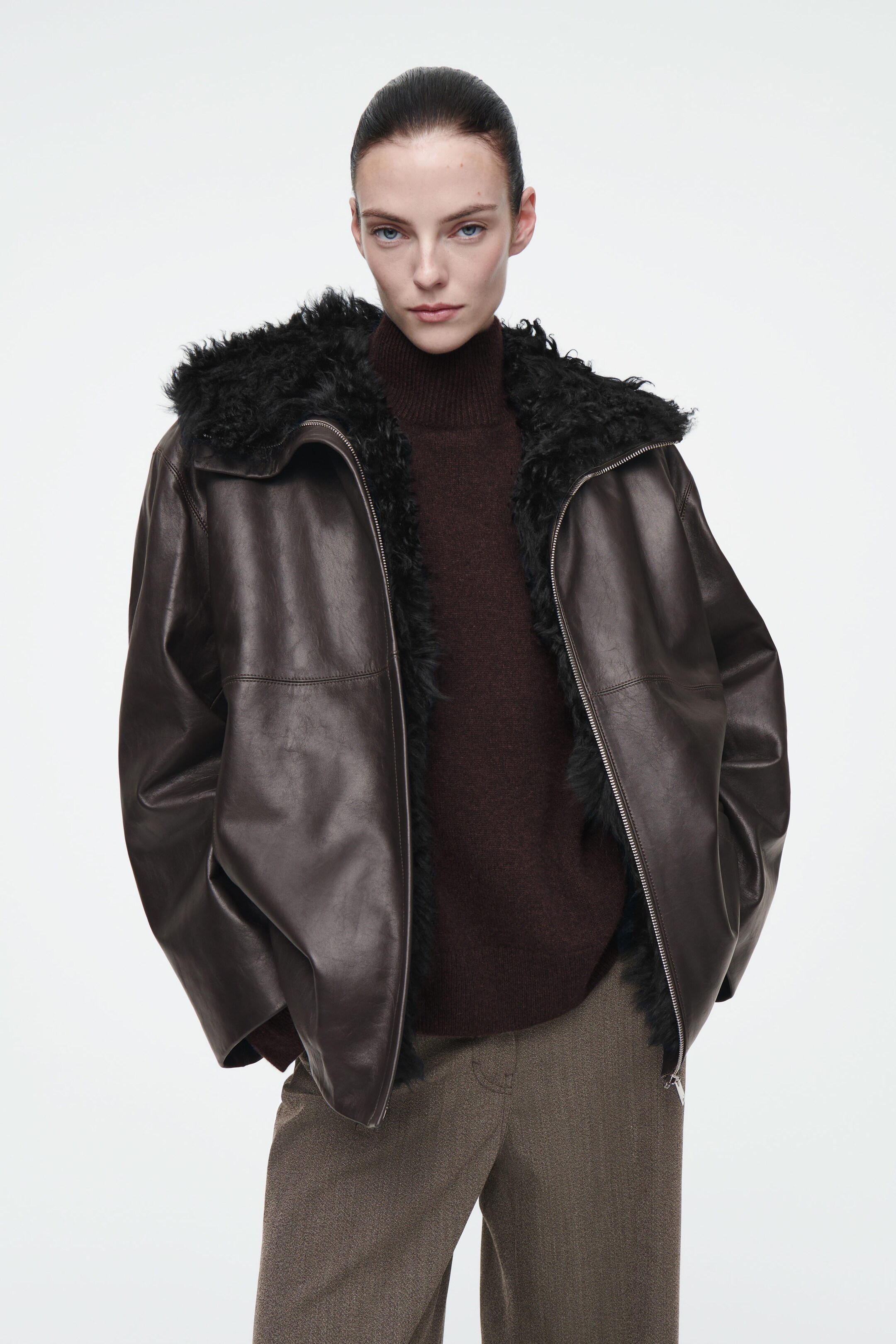 SHEARLING-LINED NAPPA HOODED JACKET