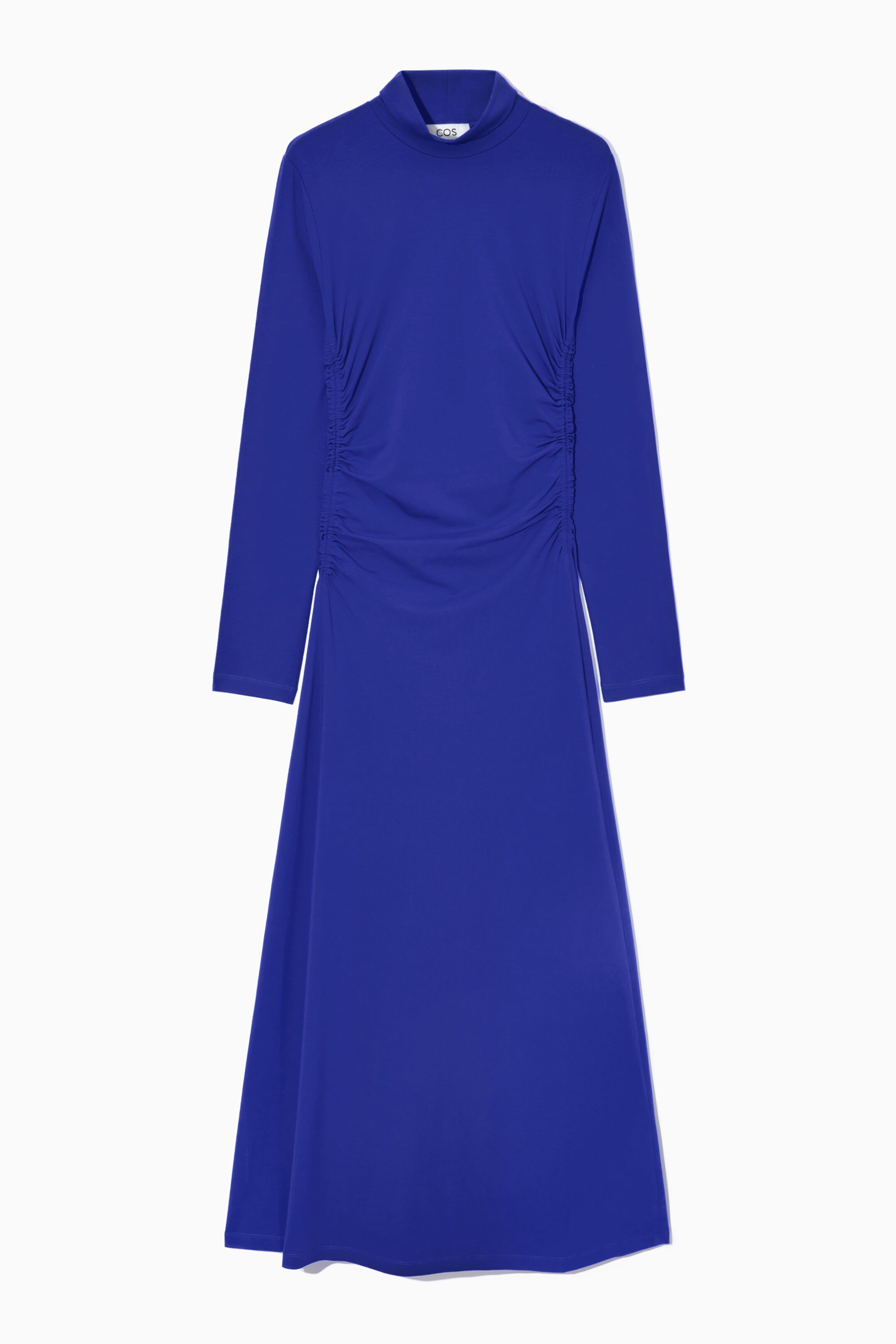 HIGH-NECK GATHERED MIDI DRESS