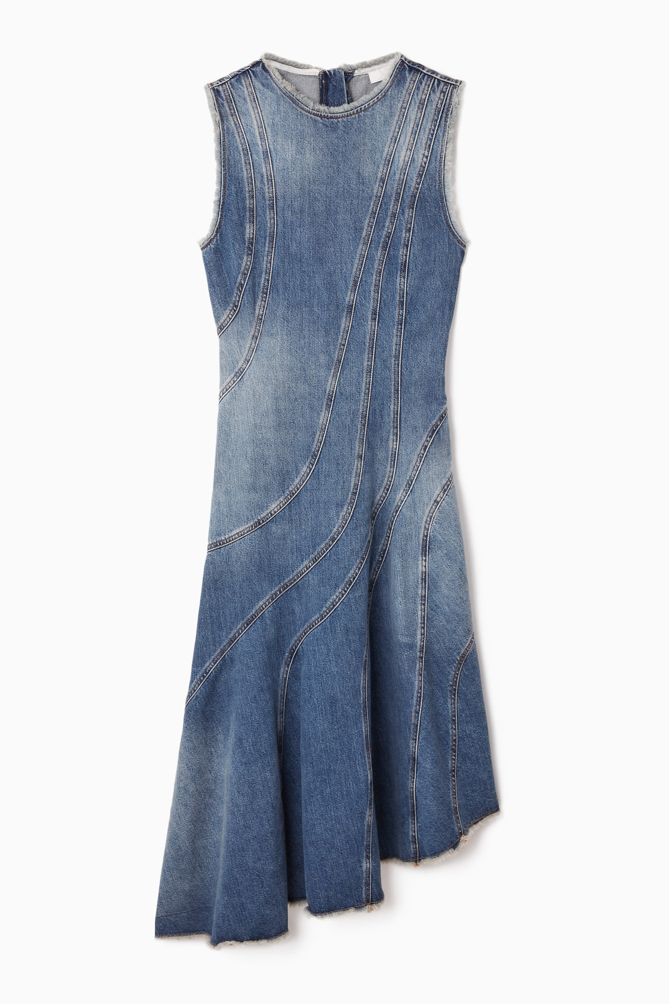 ASYMMETRIC PANELLED DENIM MIDI DRESS