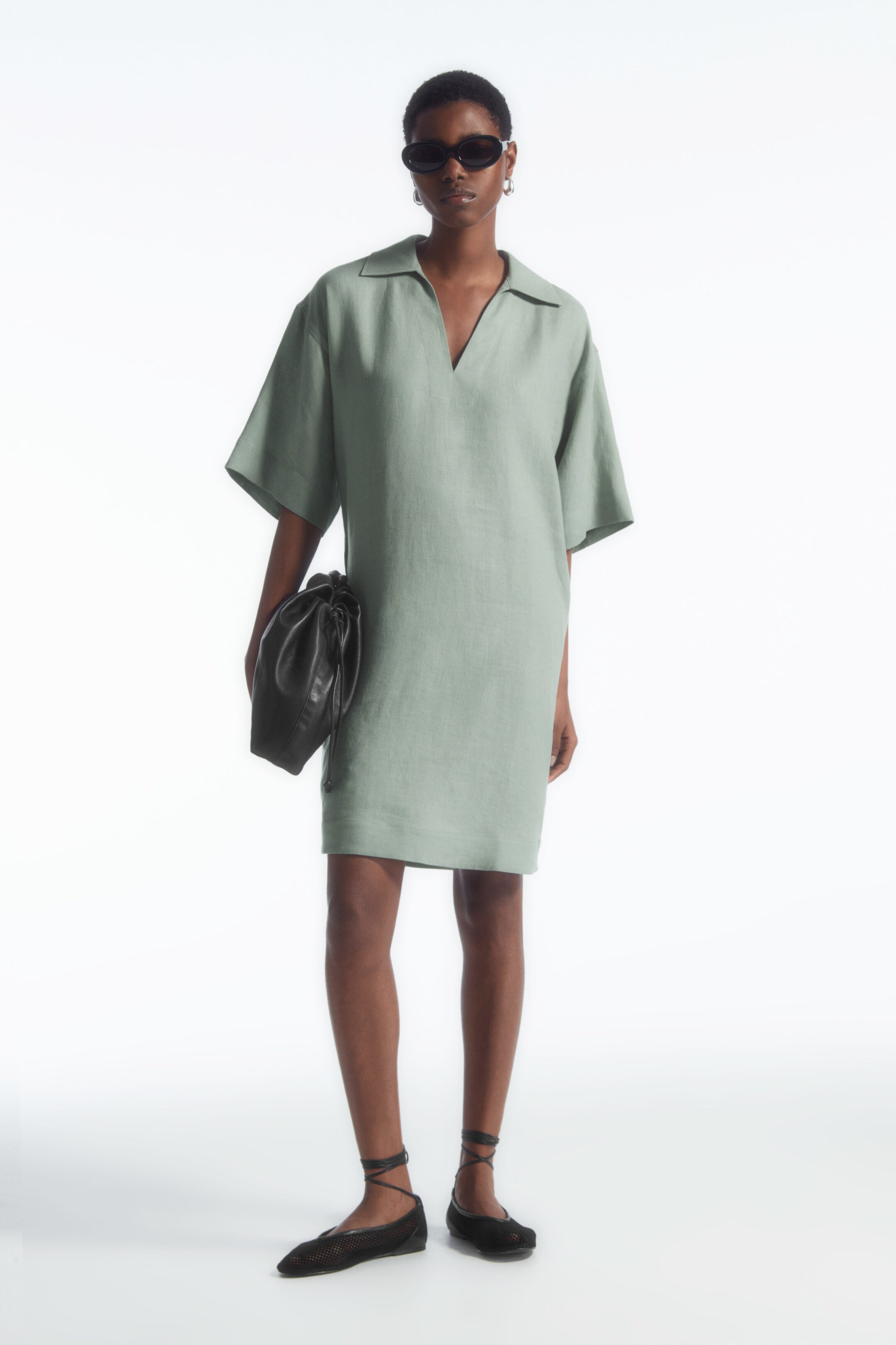 OPEN COLLAR LINEN SHIRT DRESS SAGE GREEN