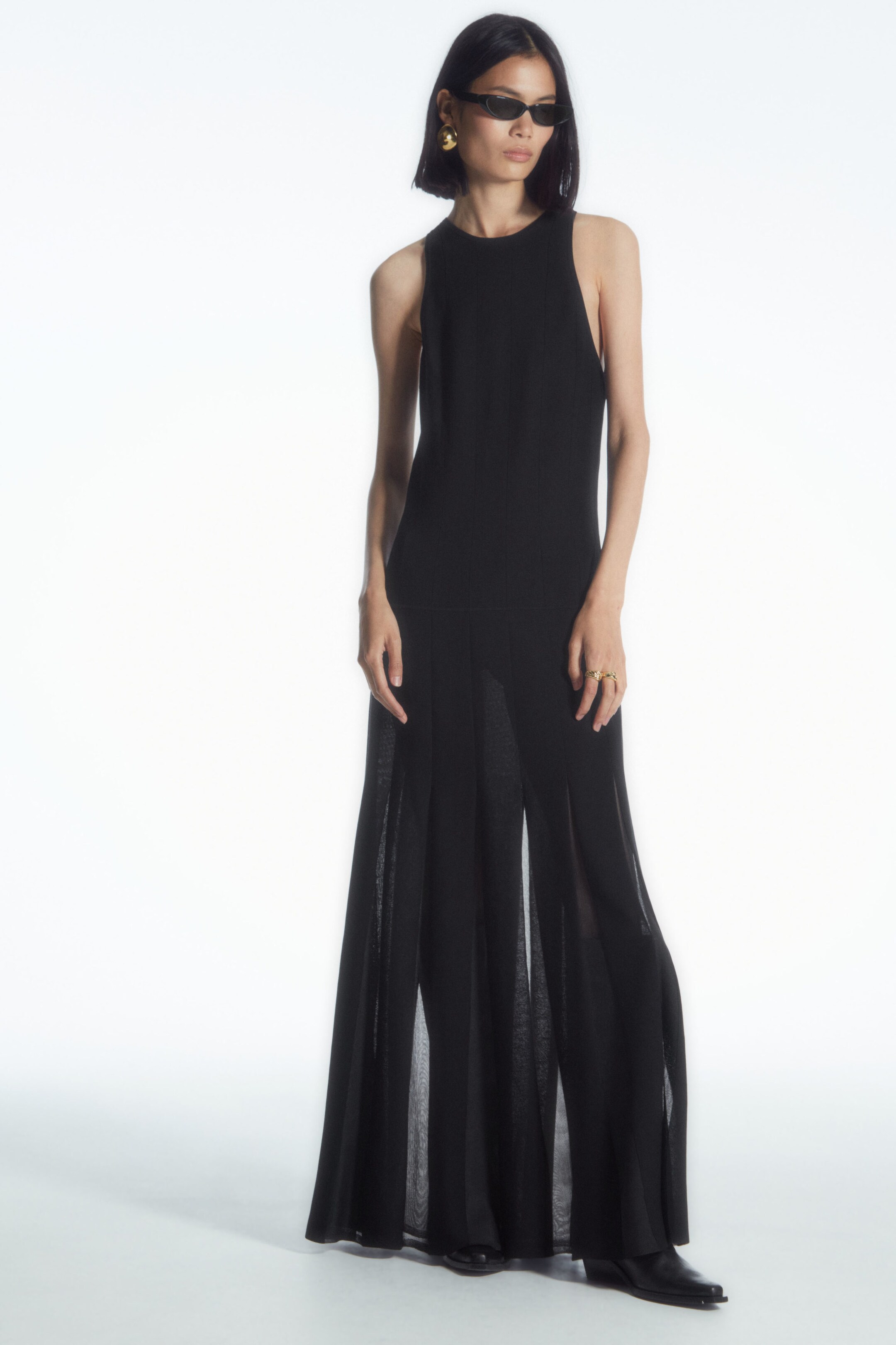 PLEATED RACER-NECK MAXI DRESS