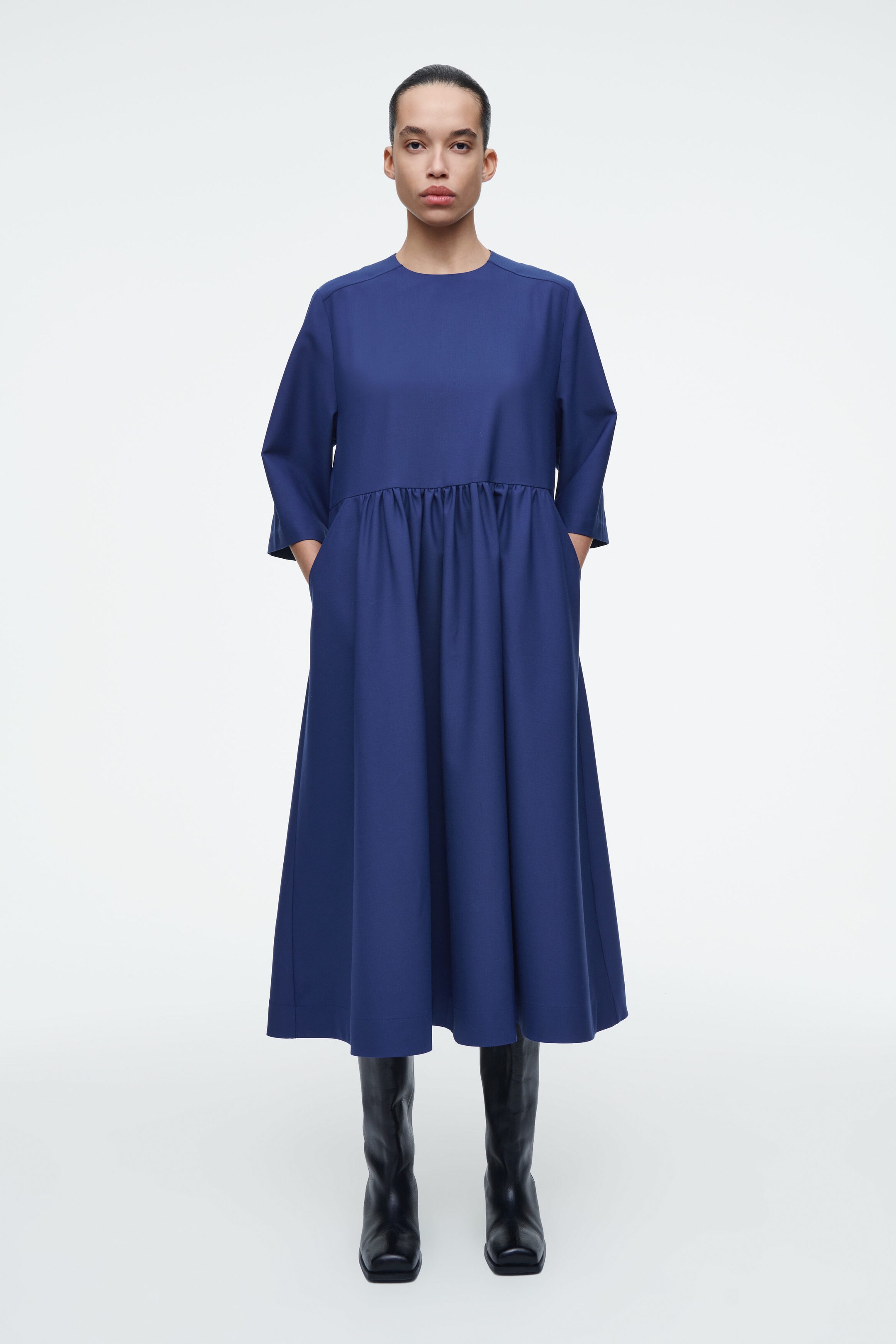 GATHERED WOOL-BLEND MIDI DRESS