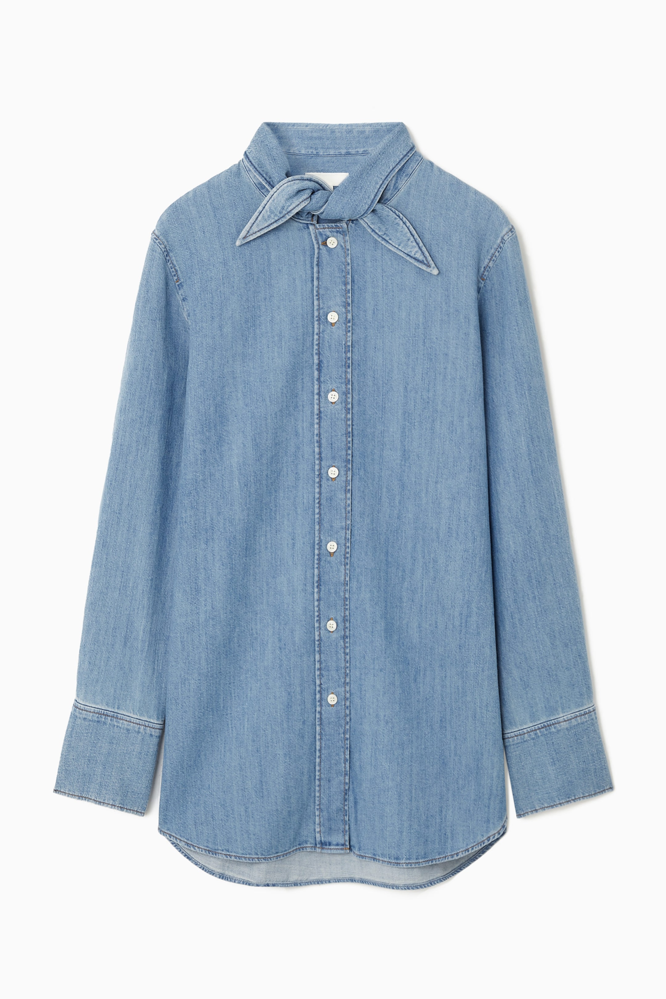 TIE-NECK DAGGER-COLLAR DENIM SHIRT