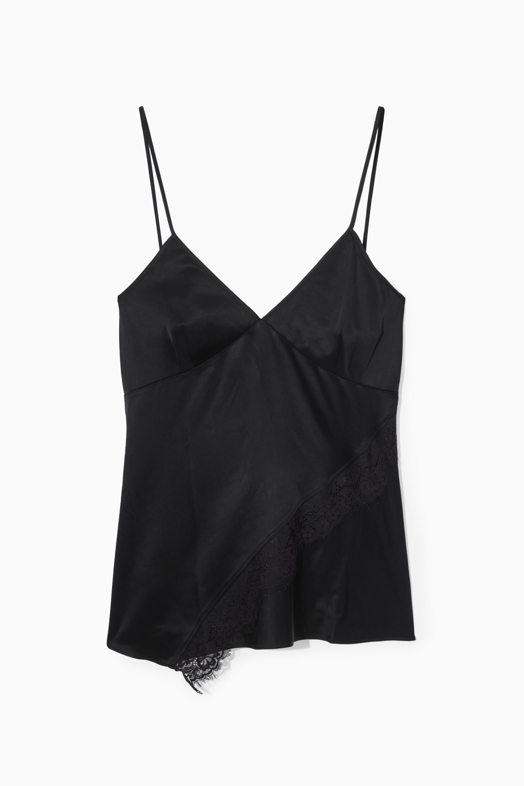 ASYMMETRIC LACE-TRIMMED SATIN CAMISOLE