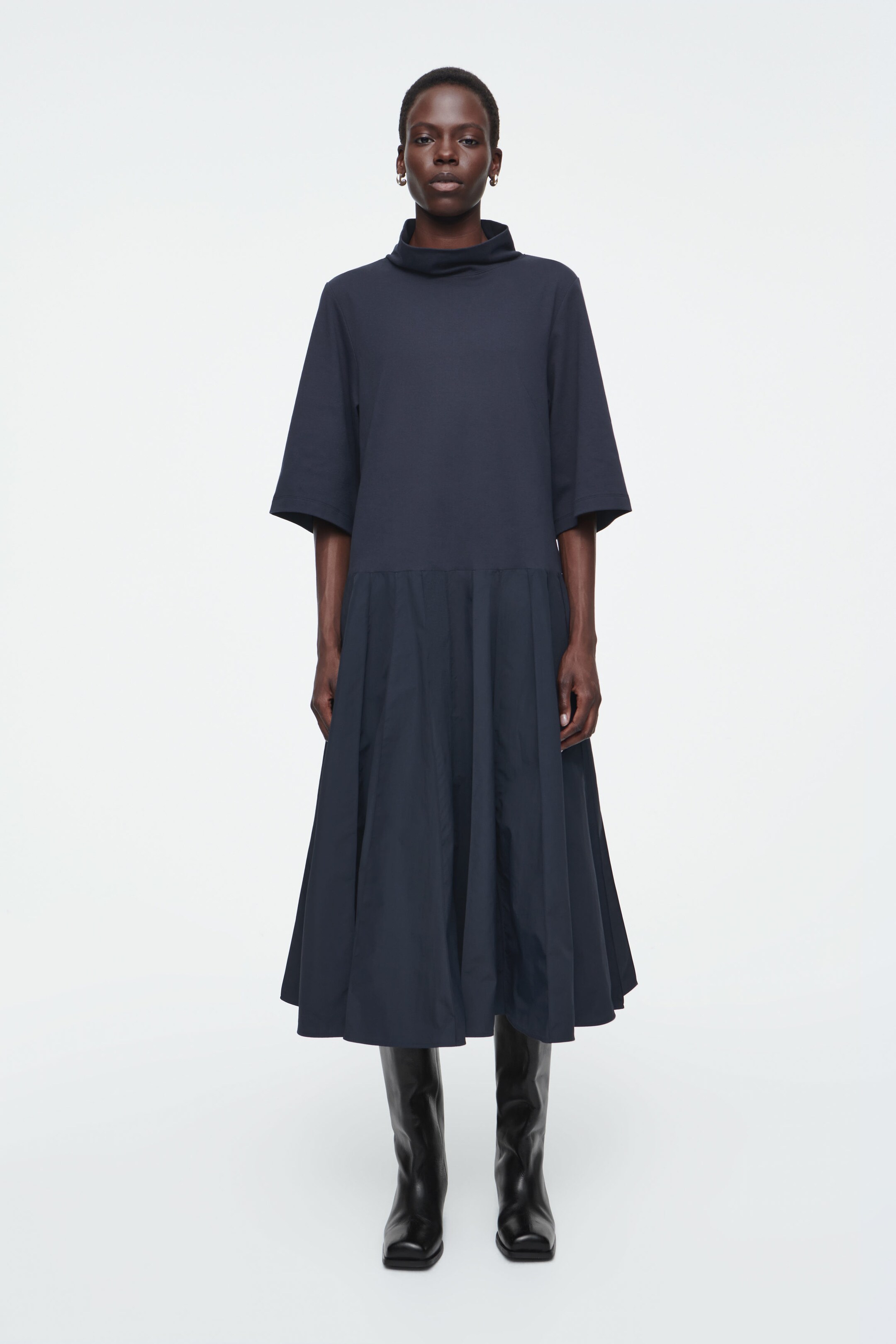 FUNNEL-NECK PANELLED MIDI DRESS