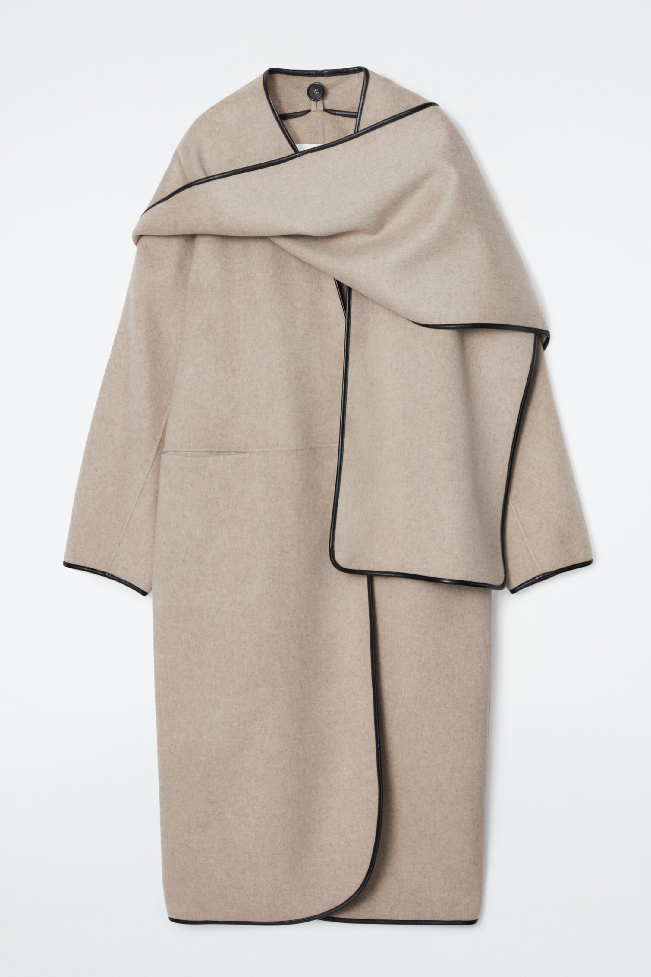 LEATHER-TRIMMED WOOL SCARF COAT