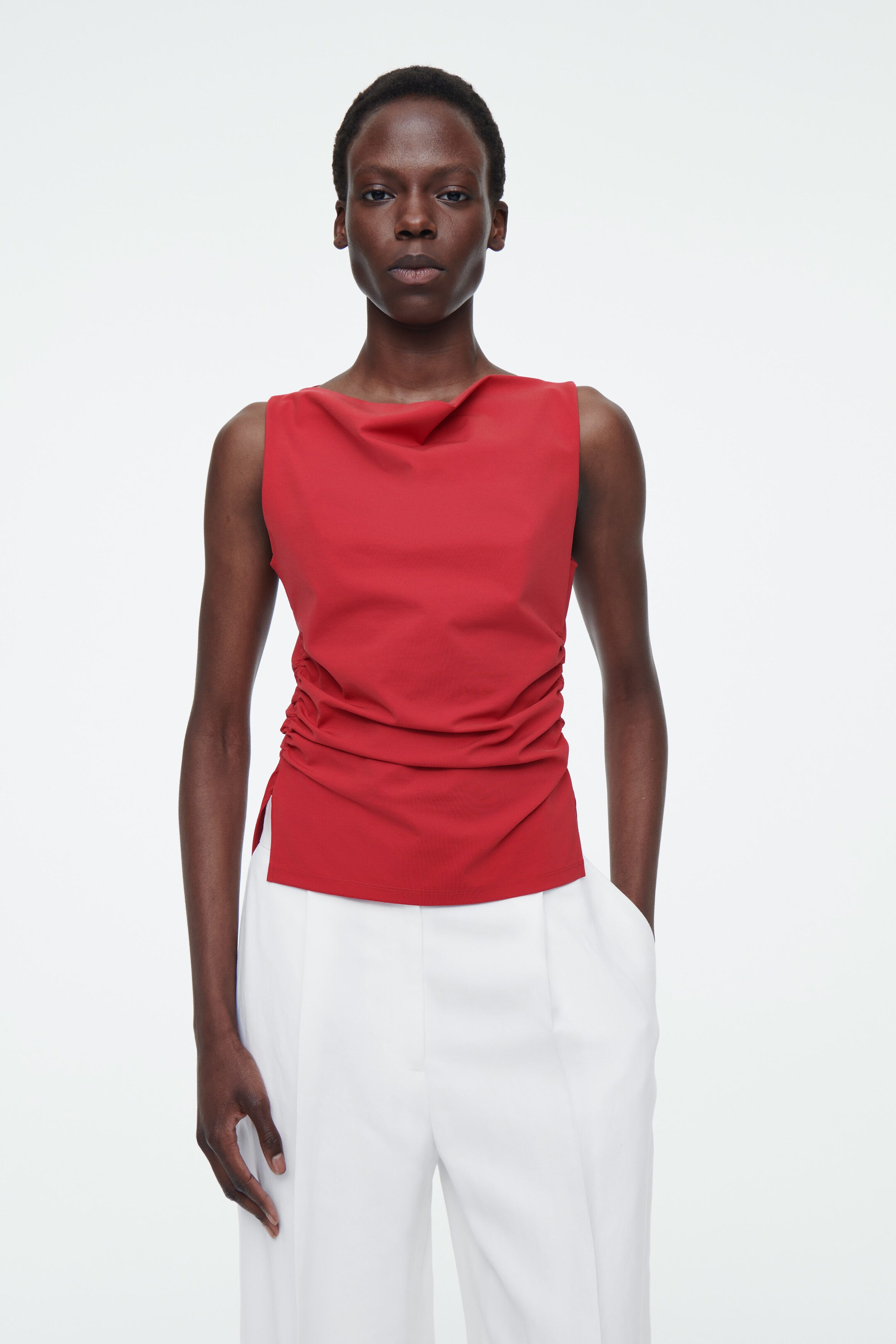 COWL-NECK GATHERED SLEEVELESS TOP