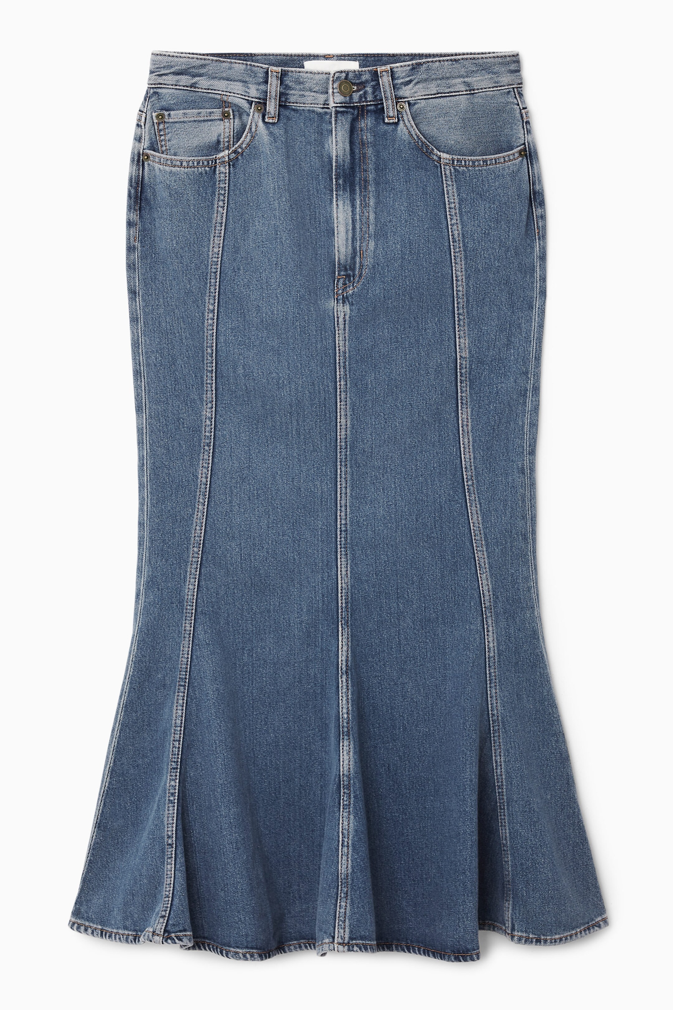 PANELLED FLARED DENIM SKIRT