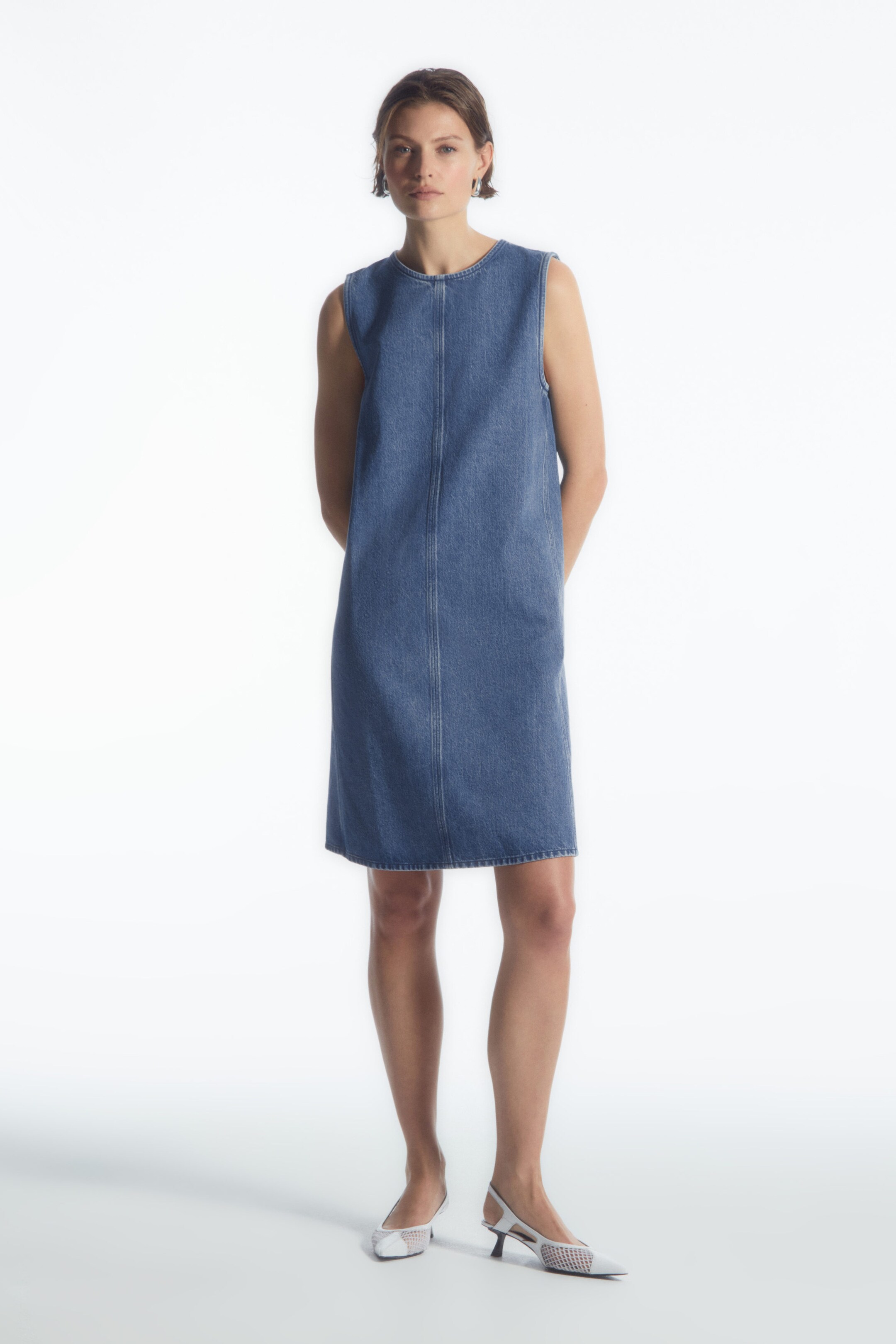 PANELED DENIM SHIFT DRESS