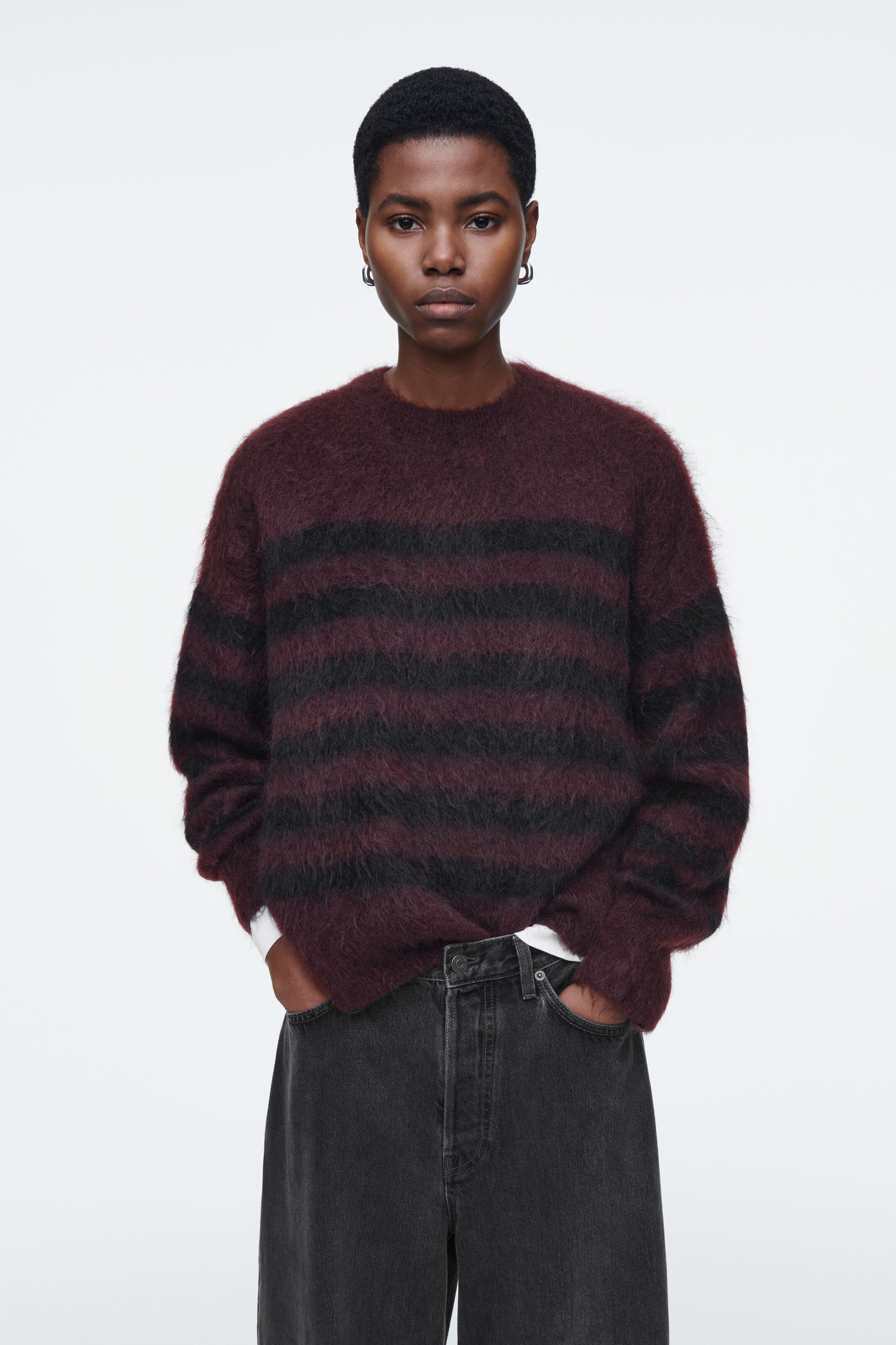 STRIPED BRUSHED-MOHAIR CREW-NECK JUMPER