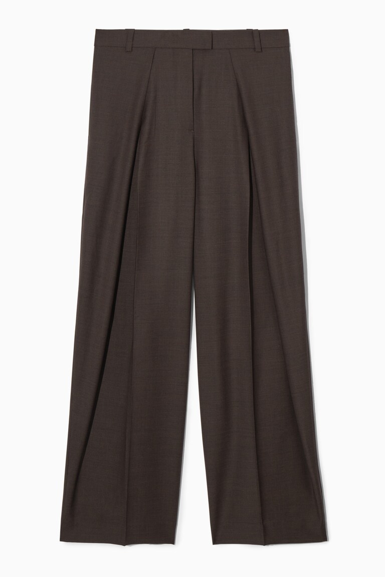 RELAXED PLEATED WOOL WIDE-LEG PANTS - DARK BROWN