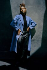 Placeholder for: Jodie Turner-Smith wearing COS blue coat