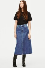 Placeholder for: Woman wearing black tshirt with midi denim skirt