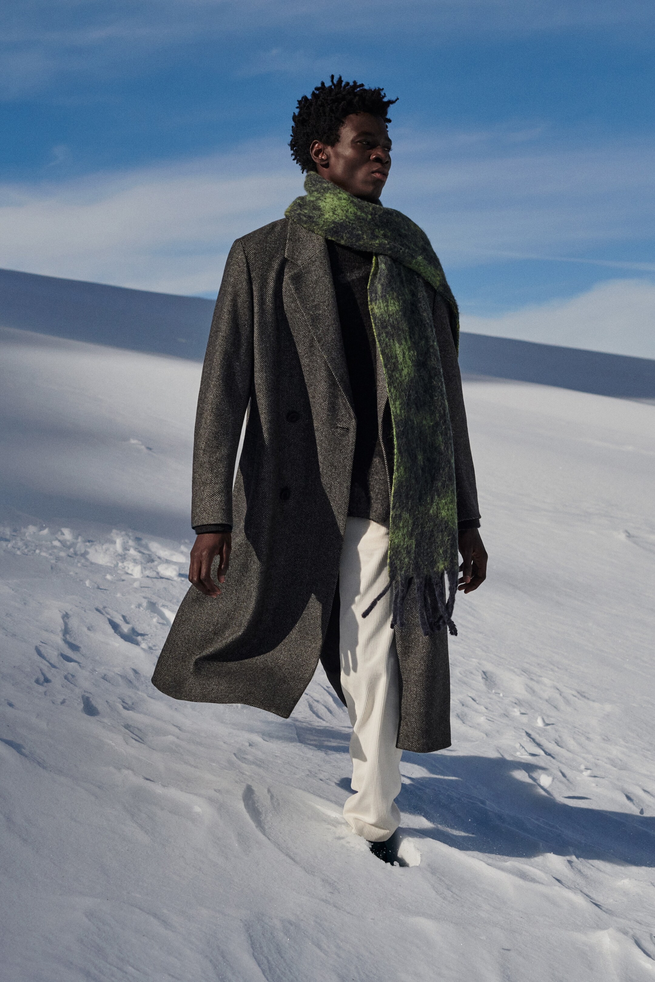 model wearing coat and scarf