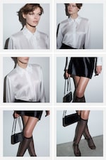 Placeholder for: Woman wearing white silk shirt with embroidered collar and black shiny mini skirt